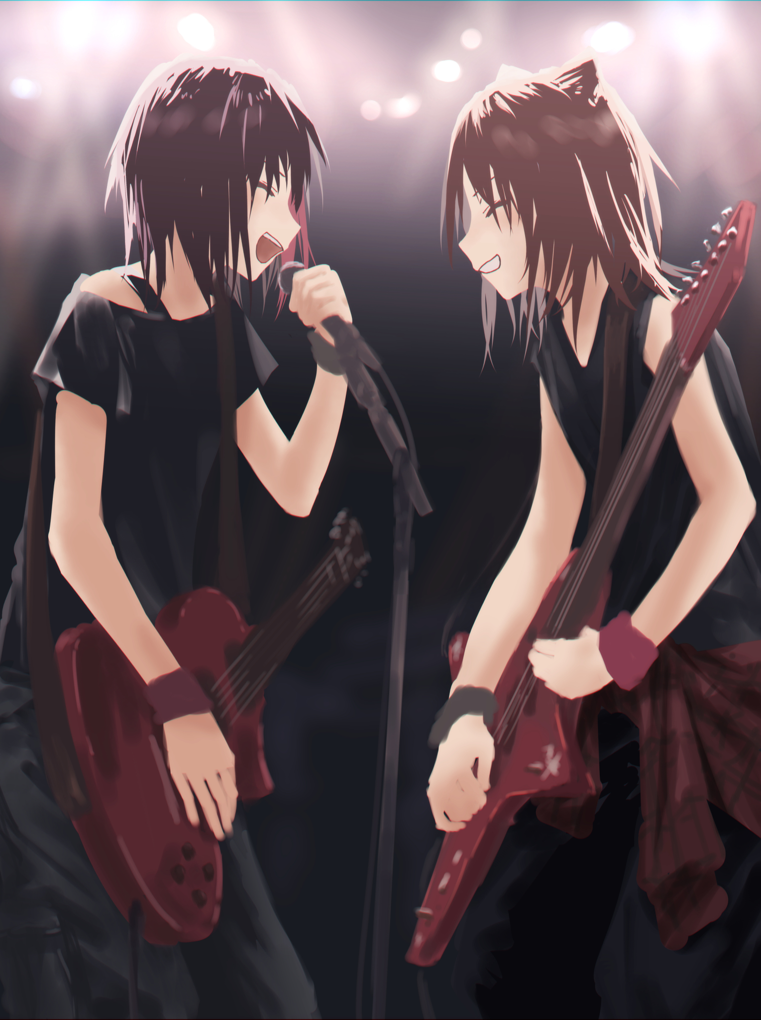 yukitake (bullfalk), mitake ran, toyama kasumi, bang dream!, bang dream! girls band party!, commentary, highres, 2girls, black hair, black pants, black shirt, brown hair, cone hair bun, double bun, electric guitar, grin, guitar, hair bun, holding, holding microphone, instrument, medium hair, microphone, multicolored hair, multiple girls, music, off-shoulder shirt, off shoulder, open mouth, pants, playing guitar, playing instrument, profile, red streaks, shirt, sleeveless, sleeveless shirt, smile, standing, streaked hair