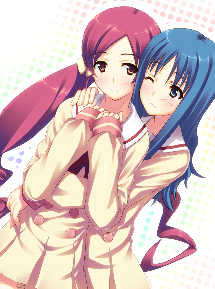 siva (executor), hanasaki tsubomi, kurumi erika, heartcatch precure!, precure, 10s, 2girls, blue eyes, blue hair, blush, brown eyes, hug, hug from behind, long hair, multiple girls, one eye closed, red hair, school uniform, smile, wink, yuri