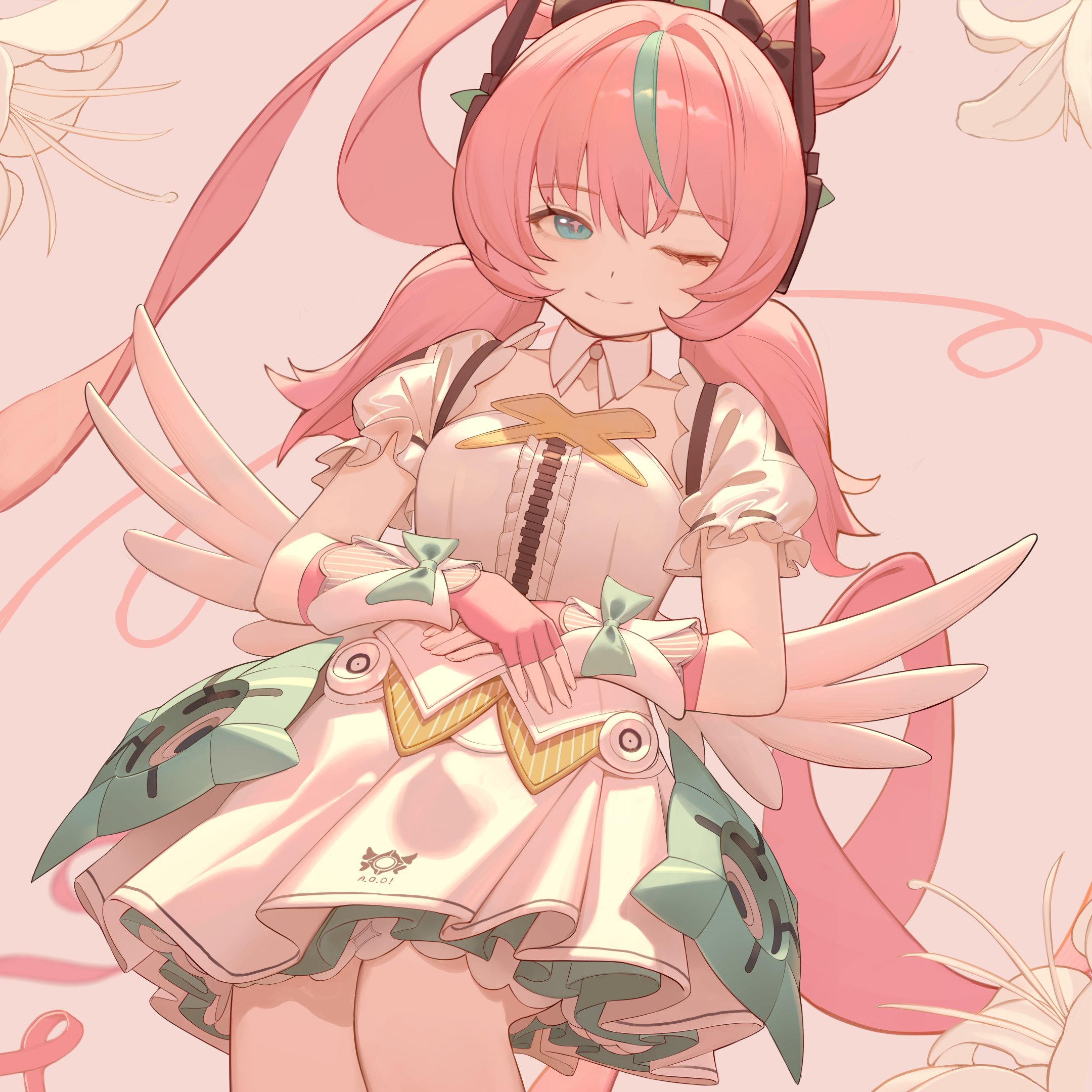 komodo, yutane johiel, zenless zone zero, commentary, highres, 1girl, aqua hair, aqua streaks, black bow, blue eyes, bow, breasts, center frills, collarbone, cowboy shot, dress, fingerless gloves, flower, frilled sleeves, frills, gloves, green bow, hair bow, layered dress, looking at viewer, multicolored hair, one eye closed, pink background, pink gloves, pink hair, pink ribbon, ribbon, small breasts, solo, streaked hair, white dress, white flower, white wings, wings