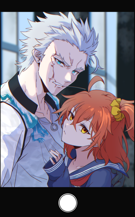 0nodera, fujimaru ritsuka (female), nagakura shinpachi (fate), fate/grand order, fate (series), commentary request, 1boy, 1girl, ahoge, blue eyes, collarbone, forked eyebrows, grey hair, grey shirt, hair ornament, hair scrunchie, long sleeves, looking at viewer, mouth hold, neckerchief, notched ear, one side up, orange eyes, orange hair, red neckerchief, sailor collar, scar, scar on face, scrunchie, shirt, short hair, stalk in mouth