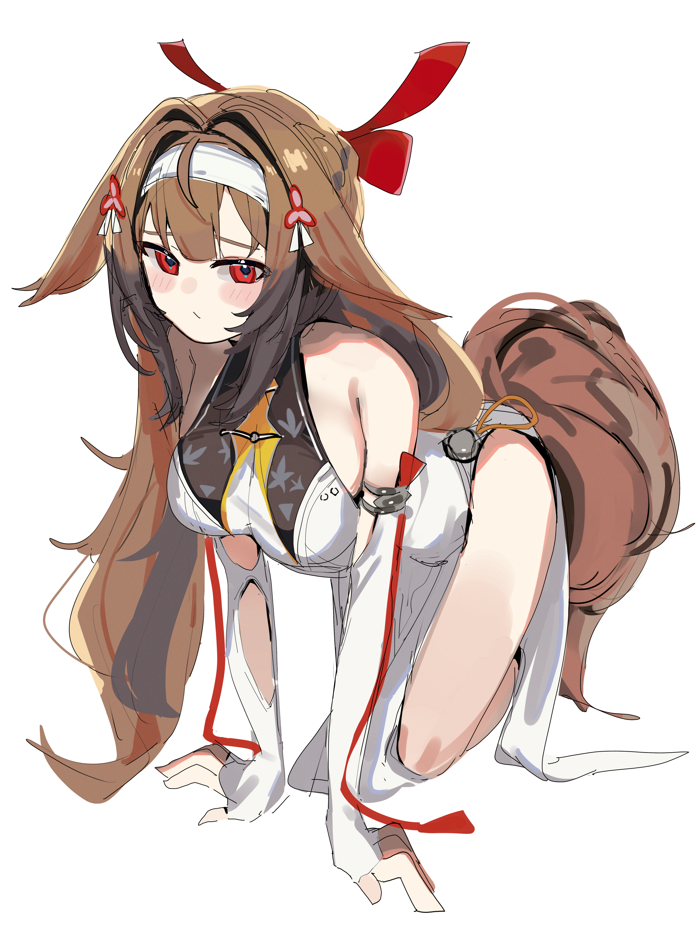 massivedoontwei, ye shunguang, zenless zone zero, absurdres, commentary request, highres, 1girl, :/, all fours, animal ear fluff, animal ears, armlet, bare shoulders, blush, breasts, brown hair, brown tail, china dress, chinese clothes, closed mouth, clover, clover hair ornament, dress, droopy ears, full body, hair ornament, hairband, jewelry, large breasts, long hair, looking at viewer, red eyes, silver armlet, simple background, solo, tail, very long hair, white background, white dress, white hairband
