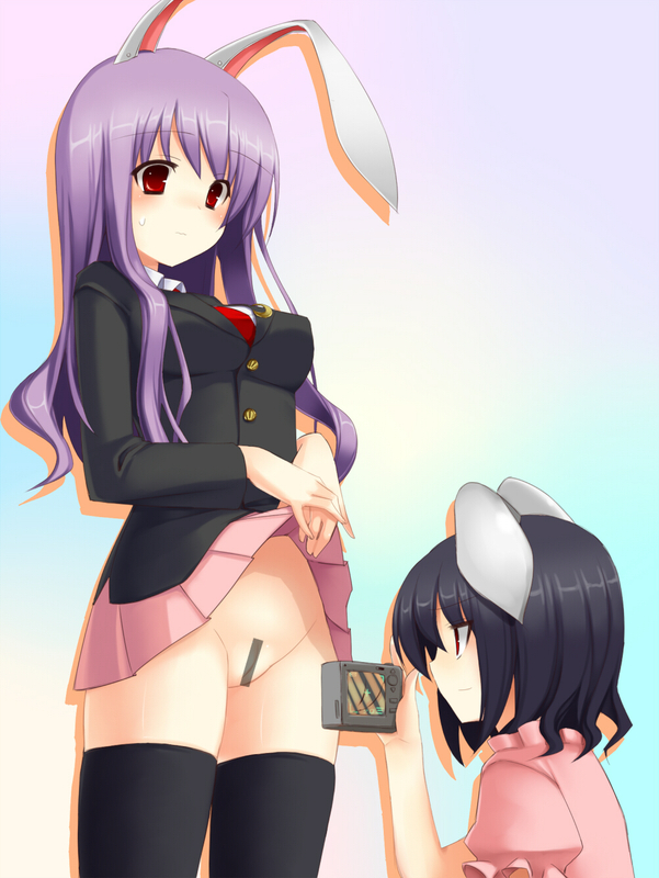 tsukumiya amane, inaba tewi, reisen udongein inaba, touhou, bad id, bad pixiv id, 2girls, animal ears, black hair, black thighhighs, blazer, blush, brown hair, camcorder, camera, censored, cleft of venus, clothes lift, embarrassed, female focus, gradient background, jacket, long hair, long sleeves, looking down, moon (ornament), multiple girls, necktie, no panties, photographic proof, pink skirt, pleated skirt, puffy short sleeves, puffy sleeves, purple hair, pussy, rabbit ears, red eyes, red necktie, short hair, short sleeves, skirt, skirt lift, sweatdrop, thighhighs, video camera, wavy mouth