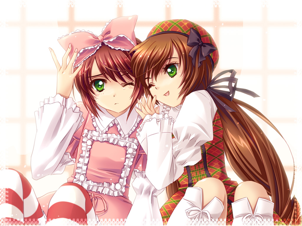 lilith (lilithchan), souseiseki, suiseiseki, rozen maiden, striped, bad id, bad pixiv id, 00s, 2girls, alternate costume, bow, brown hair, frills, green eyes, hair bow, hair ribbon, hat, heterochromia, multiple girls, one eye closed, ribbon, siblings, sisters, thighhighs, twins, wink