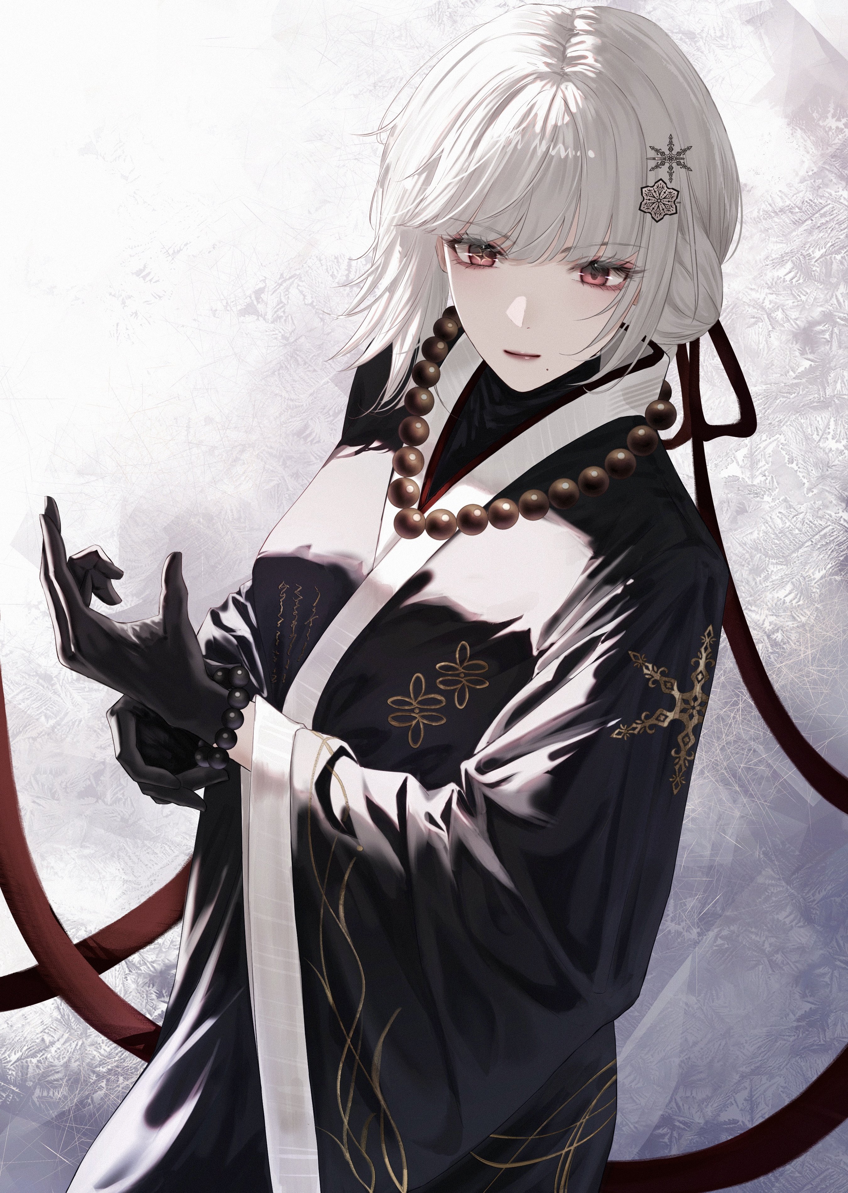 celly (mogmog 99), sanhua (wuthering waves), wuthering waves, absurdres, commentary, english commentary, highres, 1girl, alternate costume, bead bracelet, bead necklace, beads, black gloves, black kimono, black ribbon, bracelet, breasts, closed mouth, gloves, grey hair, hair ornament, hair ribbon, japanese clothes, jewelry, kimono, light smile, looking at viewer, medium breasts, mismatched irises, mole, mole under mouth, necklace, red eyes, ribbon, short hair, simple background, solo, tacet mark (wuthering waves), white background, wide sleeves