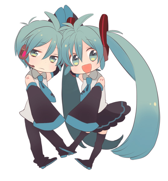 amezawa koma, hatsune miku, hatsune mikuo, vocaloid, bad id, bad pixiv id, 1boy, 1girl, aqua eyes, aqua hair, chibi, detached sleeves, genderswap, genderswap (ftm), long hair, necktie, simple background, skirt, sleeves past wrists, smile, thighhighs, twintails