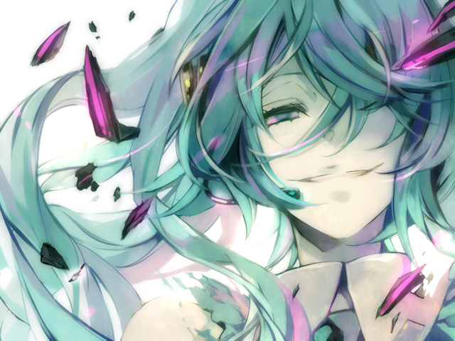 ayko, oono eiko, hatsune miku, vocaloid, bad id, bad pixiv id, 1girl, aqua eyes, aqua hair, female focus, grin, hair over one eye, long hair, portrait, simple background, smile, solo, twintails