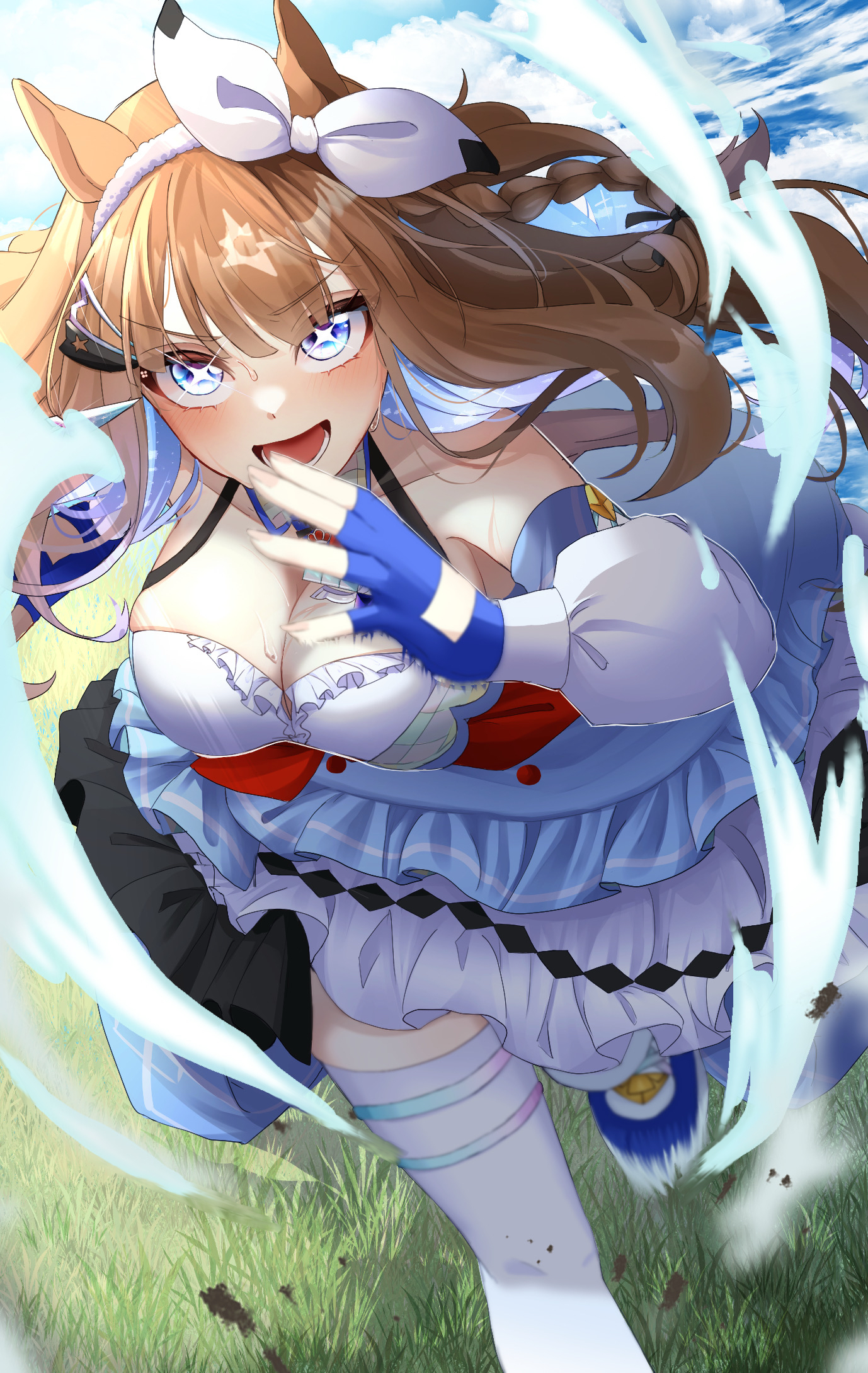 yume 30 31, almond eye (umamusume), umamusume, commentary, highres, 1girl, animal ears, bare shoulders, blue eyes, blue gloves, blue hair, blue sky, bow, bow hairband, braid, breasts, brown hair, cleavage, cloud, cloudy sky, colored inner hair, cross-shaped pupils, day, detached sleeves, dress, fingerless gloves, gloves, grass, hair ornament, hairband, hairclip, horse ears, horse girl, horse tail, large breasts, long hair, long sleeves, multicolored hair, open mouth, outdoors, puffy long sleeves, puffy sleeves, running, single braid, sky, smile, solo, streaked hair, sweat, symbol-shaped pupils, tail, too many hair ornaments, white bow, white dress, white hairband, white sleeves, x-shaped pupils