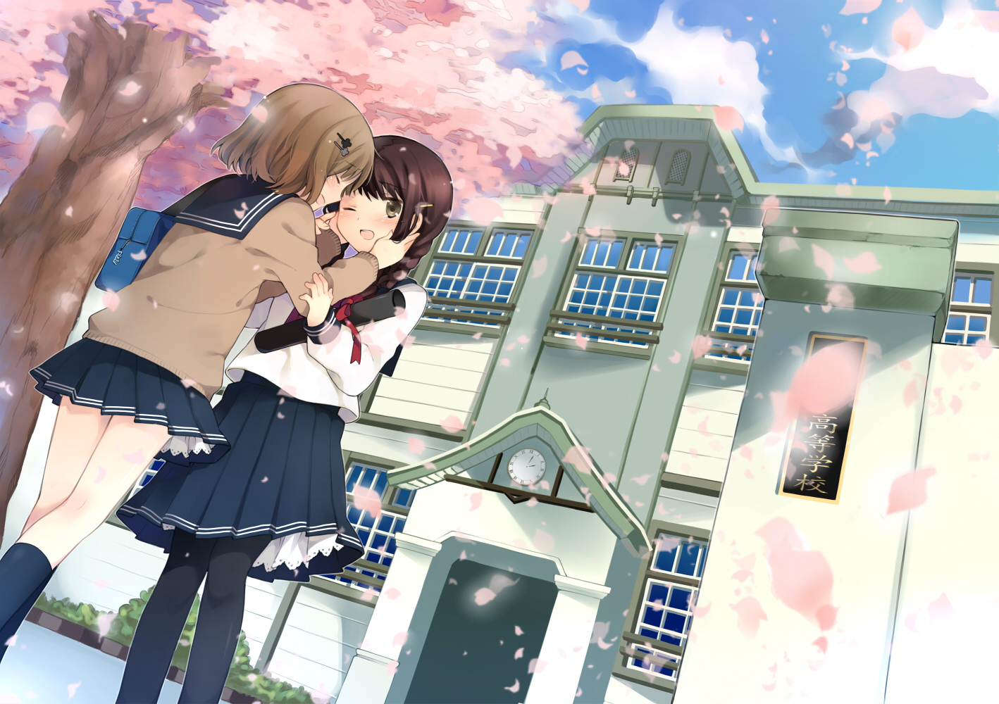hanabana tsubomi, original, 2girls, bag, blush, braid, brown hair, cherry blossoms, graduation, hair ornament, hairclip, happy, multiple girls, one eye closed, pantyhose, petals, petticoat, school, school uniform, skirt, tears, wink