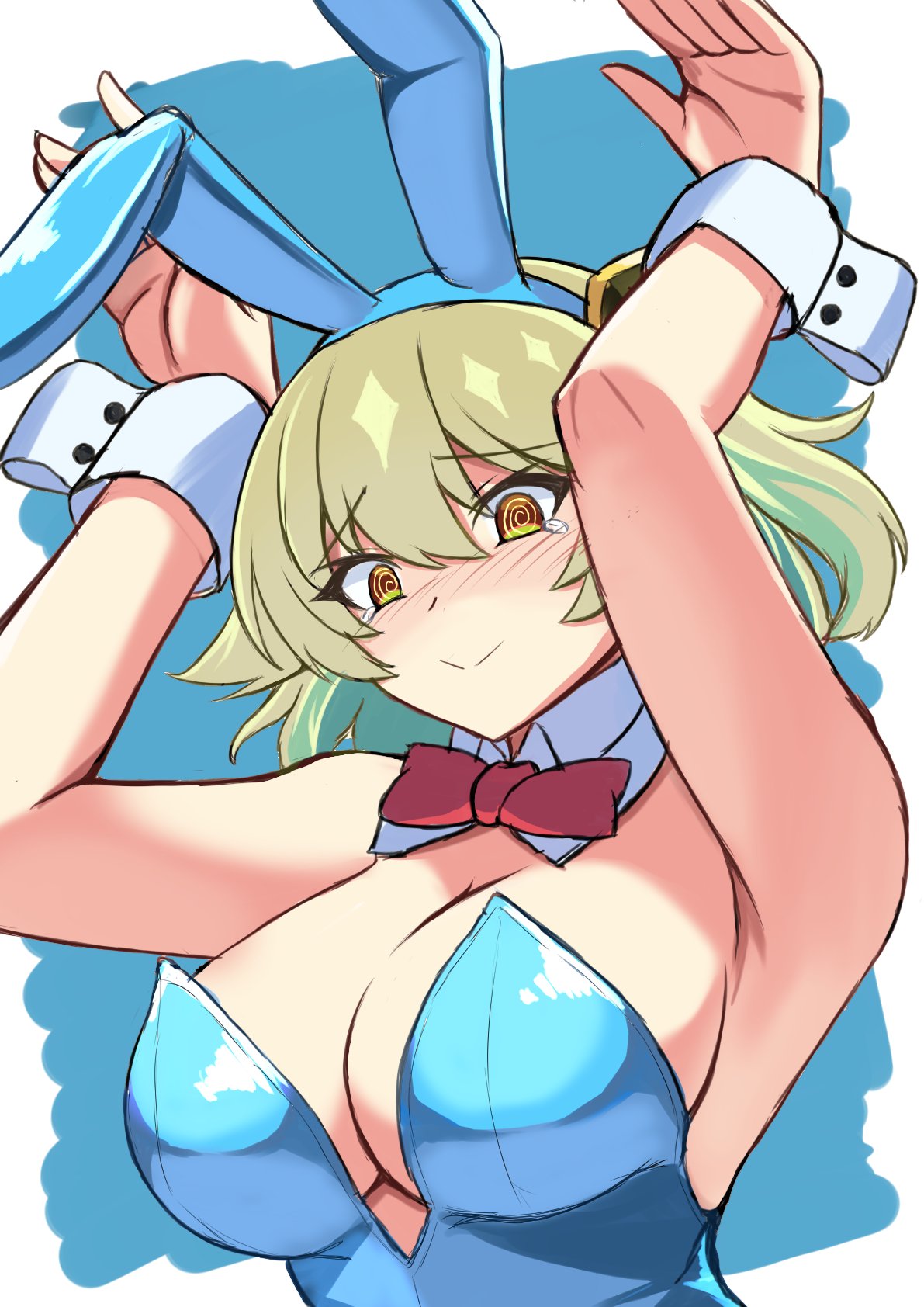 nagareboshi asche, dragon musume ni naritakunai!, duel masters, commentary request, highres, 1girl, @ @, animal ears, aqua hair, aqua leotard, blush, bow, bowtie, breasts, cleavage, closed mouth, detached collar, fake animal ears, green hair, hair between eyes, hair ornament, huge breasts, leotard, multicolored hair, playboy bunny, rabbit ears, rabbit pose, red bow, red bowtie, short hair, solo, strapless, strapless leotard, tears, upper body, wermut niga, white wrist cuffs, wrist cuffs, yellow eyes