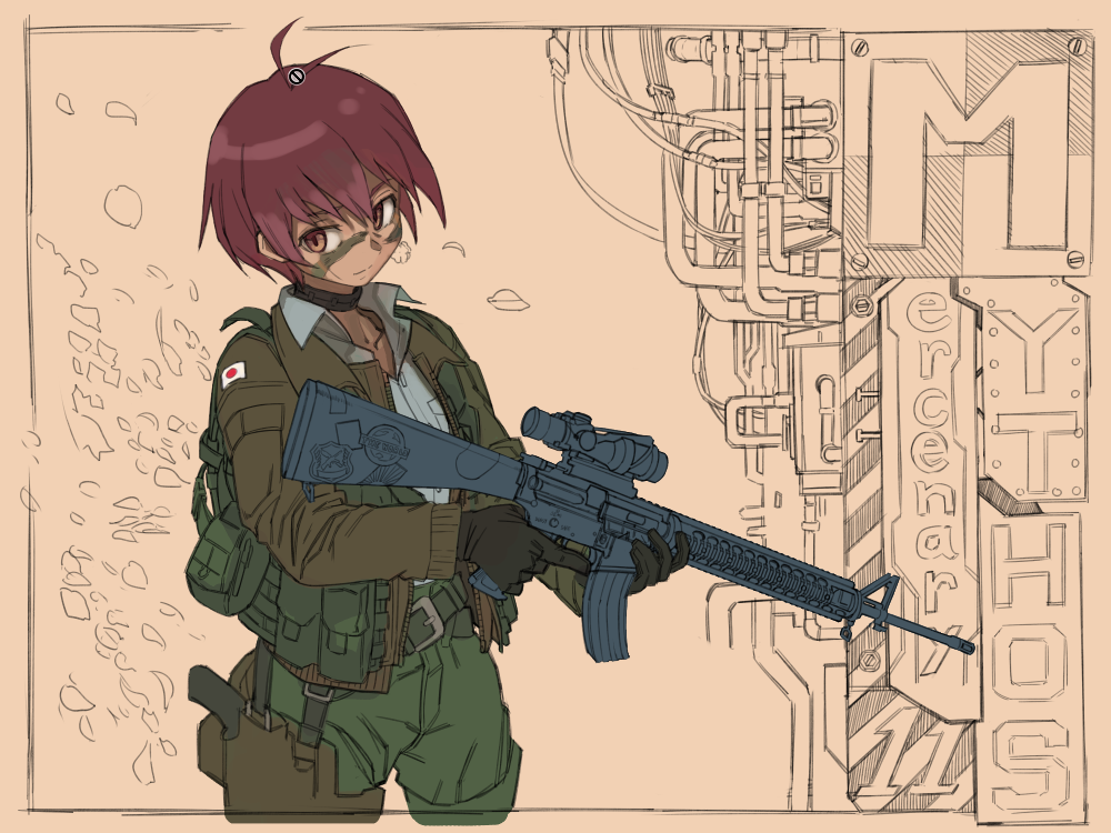 okuribi, original, commentary request, weapon request, 1girl, assault rifle, brown eyes, brown hair, choker, facepaint, gun, holding, holding gun, holding weapon, japanese flag, light smile, looking at viewer, military uniform, rifle, short hair, solo, trigger discipline, weapon