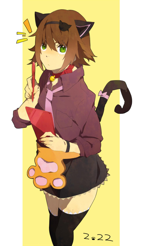 shiramine (srmn09), rita mordio, tales of (series), tales of vesperia, bad id, bad pixiv id, 00s, 1girl, animal ears, apron, bell, brown hair, cat ears, cat tail, choker, female focus, green eyes, hairband, miniskirt, necktie, official alternate costume, ribbon, short hair, simple background, skirt, solo, tail, thighhighs, yellow background