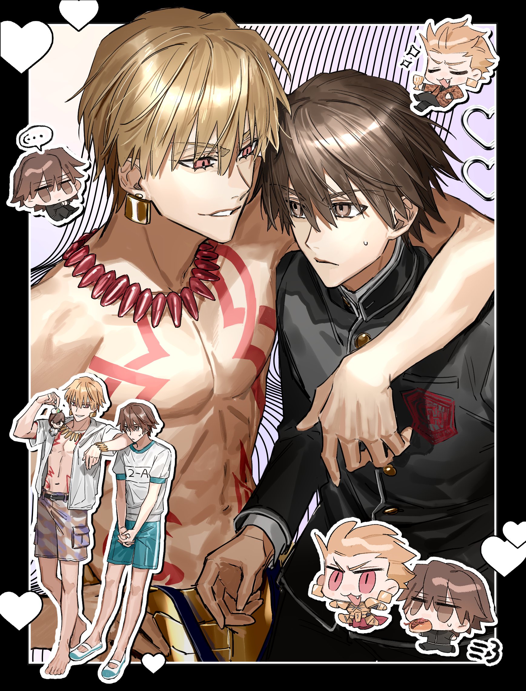 gorirataro re, gilgamesh (fate), kishinami hakuno (male), fate/extra, fate (series), commentary request, highres, …, 2boys, blonde hair, body markings, brown eyes, brown hair, character doll, chibi, chibi inset, doll, earrings, gakuran, gym shirt, gym shorts, gym uniform, heart, jacket, jewelry, long sleeves, male focus, male swimwear, multiple boys, multiple views, necklace, open mouth, red eyes, school uniform, shirt, short hair, short sleeves, shorts, smile, speech bubble, spoken ellipsis, sweatdrop, topless male