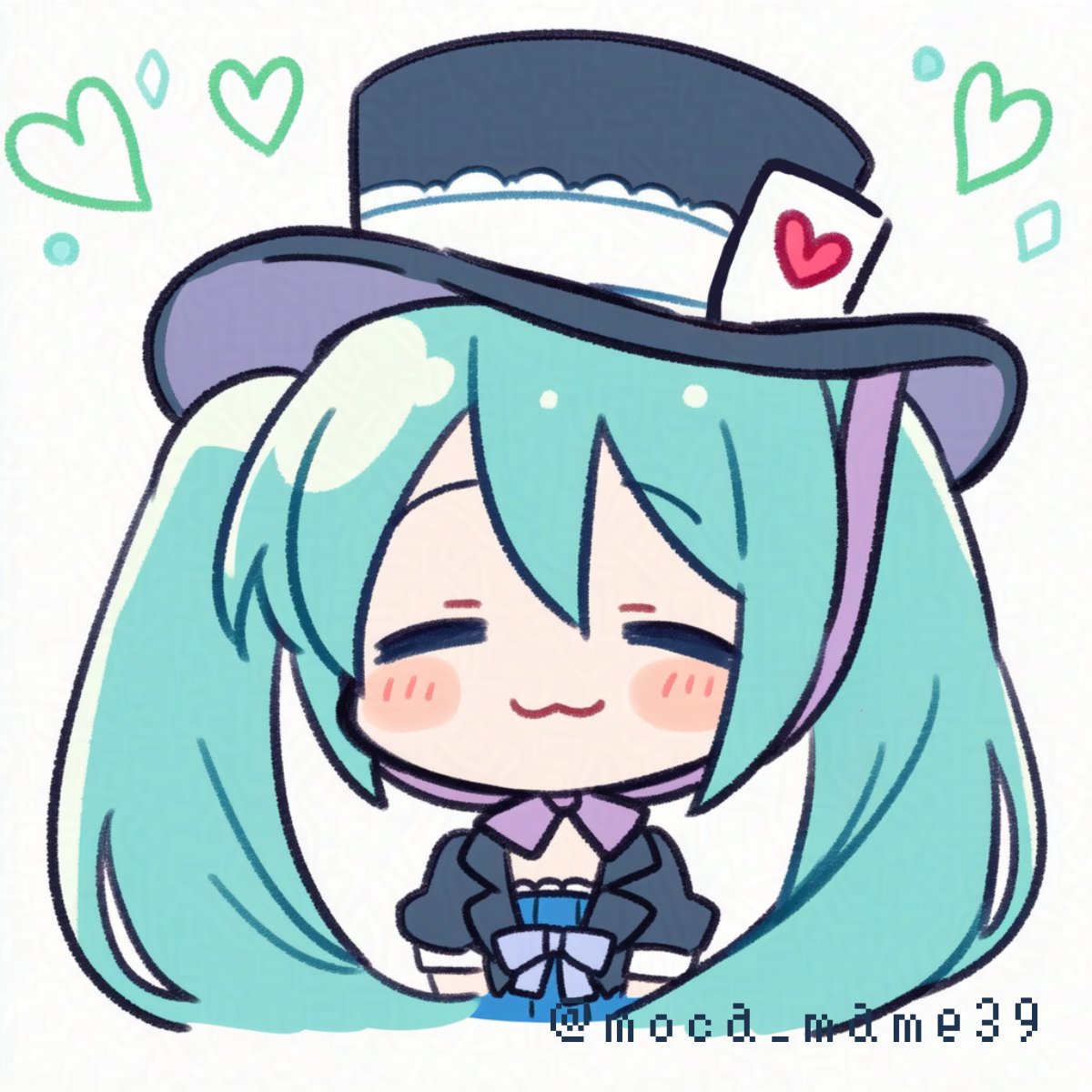 hatsune miku, vocaloid, commentary request, highres, 1girl, :3, aqua hair, black dress, black hat, blush stickers, chibi, chibi only, closed eyes, closed mouth, cropped torso, double-parted bangs, dress, hat, heart, long hair, moca mame39, short sleeves, simple background, solo, twintails, twitter username, white background