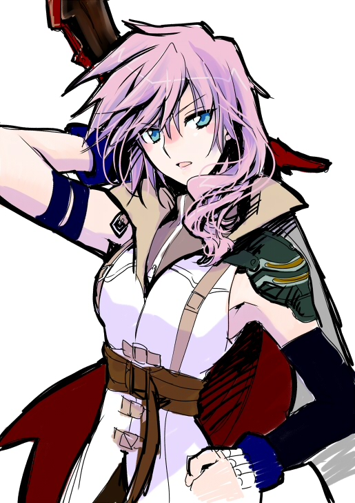 tydk, lightning farron, final fantasy, final fantasy xiii, 10s, 1girl, blue eyes, cape, female focus, fingerless gloves, gloves, long hair, pink hair, shoulder pads, sleeveless, solo, white background