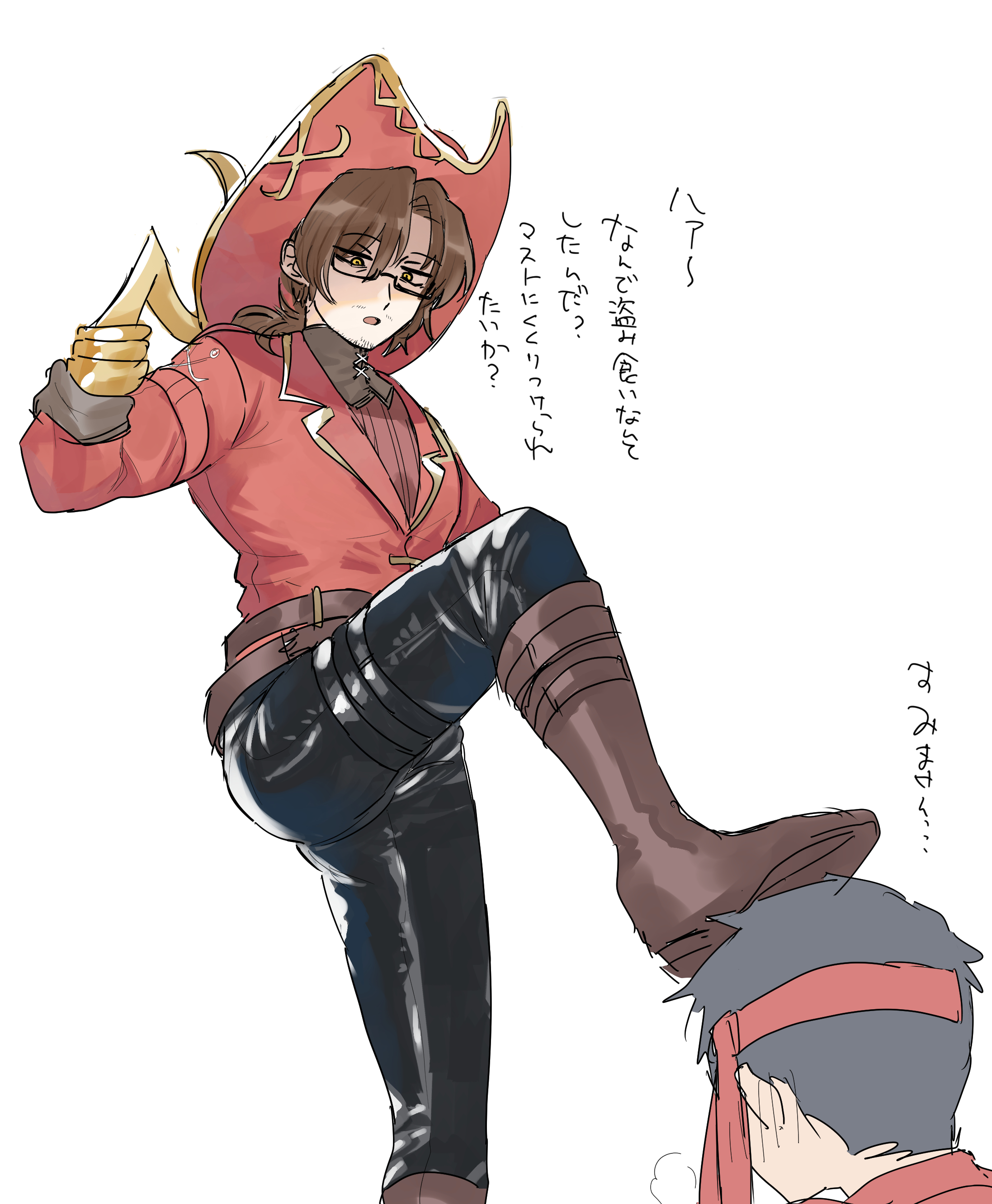 kikkoinu, gregor (project moon), limbus company, project moon, absurdres, highres, photoshop (medium), translation request, 2boys, alternate costume, ass, beard stubble, belt, black-framed eyewear, black-framed glasses, black hair, black pants, boot straps, boots, breath, brown belt, brown boots, brown gloves, brown hair, buckle, collared jacket, contrast collar, facial hair, feet up, foot on another's head, foot on head, foot out of frame, formal clothes, from below, from side, glasses, gloves, gold trim, hair between eyes, hair intakes, half-closed eyes, hand on own hip, hand up, hat, headband, heavy breathing, hook, hook hand, jacket, knee boots, knee up, kneeling, lapels, leather, leather pants, leg lift, leg up, long hair, long sleeves, looking at another, looking down, low ponytail, male focus, multiple belts, multiple boys, notched lapels, official alternate costume, open mouth, pants, parted bangs, pirate, pirate hat, ponytail, rectangular eyewear, red hat, red headband, red jacket, red shirt, ribbed shirt, sanpaku, semi-rimless eyewear, shaded face, shiny clothes, shirt, short hair, simple background, single glove, sketch, skin tight, skin tight pants, solo focus, standing, standing on one leg, strap, stubble, thigh strap, tight clothes, tight pants, twinhook pirates (identity) (project moon), under-rim eyewear, weapon, white background, yaoi, yellow eyes