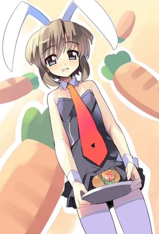 sikorsky, 1boy, androgynous, animal ears, carrot, crossdressing, crossdressing (mtf), hot dog, ketchup, lettuce, male focus, mustard, necktie, penis, penis hot dog, rabbit ears, rabbit girl, sexually suggestive, shota, solo, trap