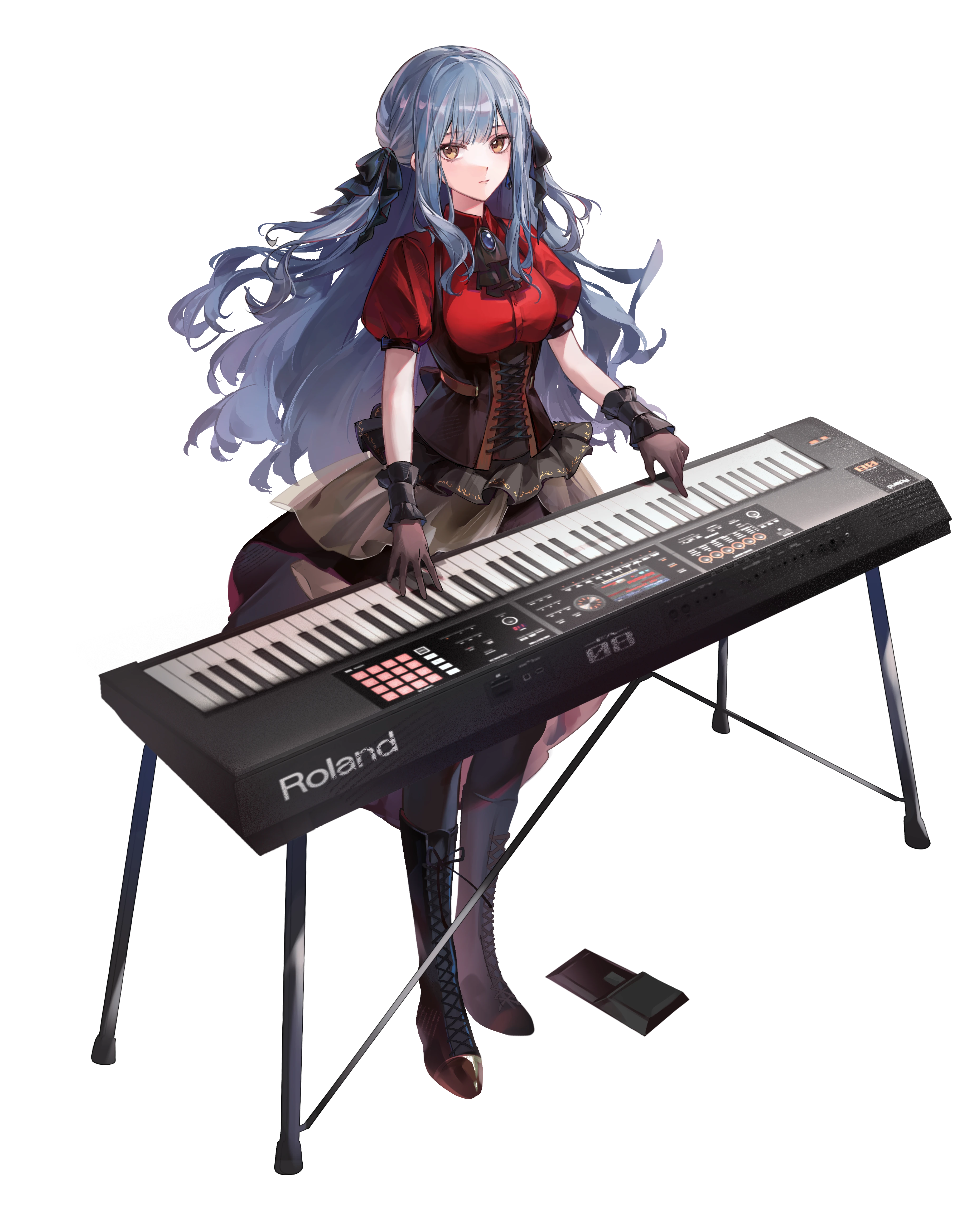 shaokao lajitong, oblivionis (bang dream!), togawa sakiko, bang dream!, bang dream! it's mygo!!!!!, blue gem, absurdres, commentary request, highres, 1girl, ascot, black ascot, black gloves, black ribbon, black wrist cuffs, blue hair, boots, brooch, closed mouth, full body, gem, gloves, hair ribbon, instrument, jewelry, keyboard (instrument), lace-up boots, long hair, looking at viewer, music, playing instrument, puffy short sleeves, puffy sleeves, ribbon, short sleeves, simple background, skirt, solo, standing, transparent background, very long hair, wrist cuffs, yellow eyes