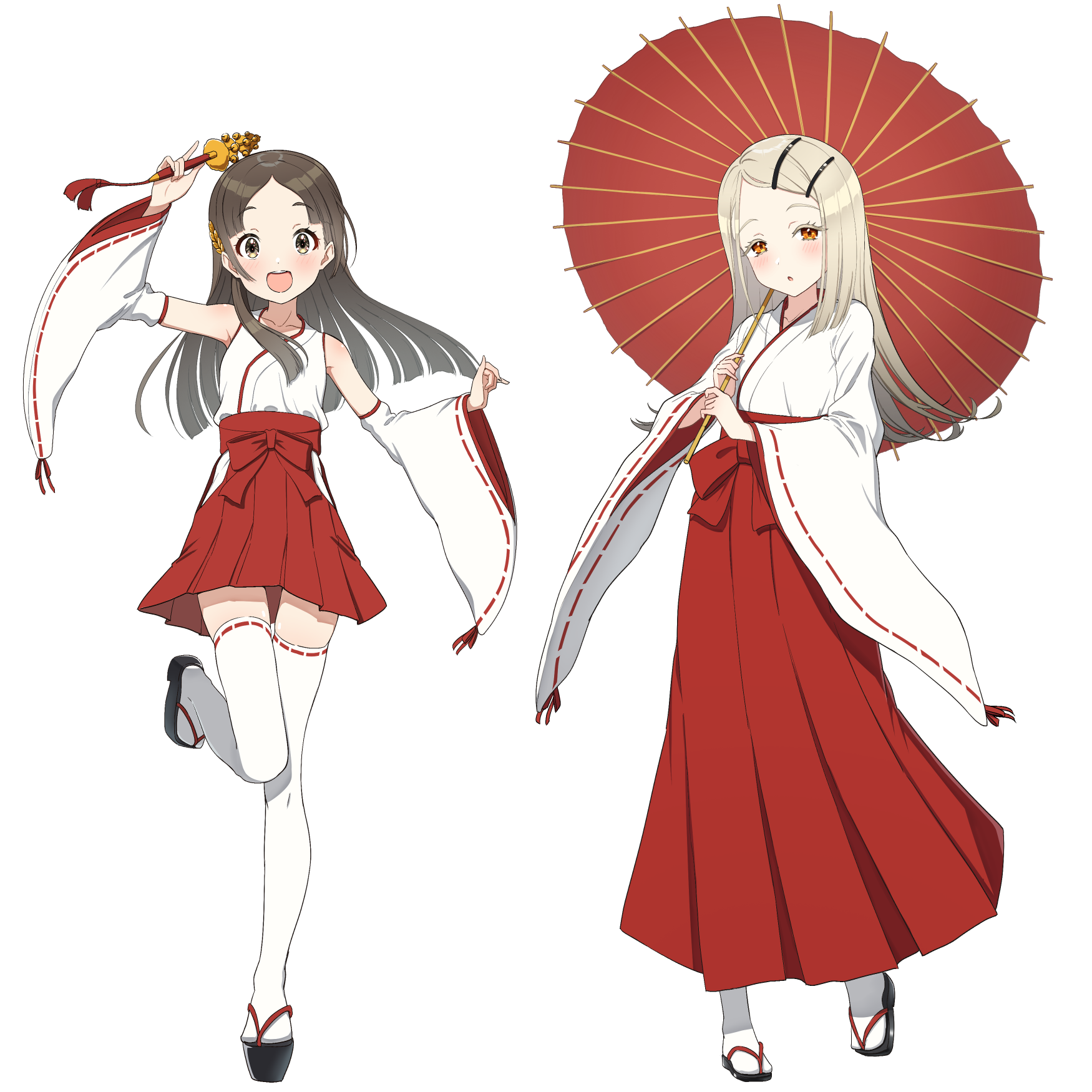 osoba susurukun, kuramoto china, shinosawa hiro, gakuen idolmaster, idolmaster, commentary request, highres, 2girls, bell, blonde hair, blush, brown eyes, brown hair, detached sleeves, full body, hair ornament, hairclip, hakama, hakama short skirt, hakama skirt, holding, holding umbrella, japanese clothes, jingle bell, kagura suzu, kosode, long hair, long skirt, long sleeves, looking at viewer, miko, multiple girls, oil-paper umbrella, open mouth, orange eyes, parallel hairclips, parted bangs, red hakama, sandals, simple background, skirt, smile, thighhighs, umbrella, white background, white thighhighs, wide sleeves