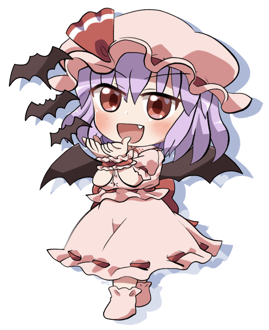 rokugou daisuke, remilia scarlet, touhou, commentary request, highres, 1girl, :d, back bow, bat (animal), bat wings, blush, bow, chibi, chibi only, dot nose, drop shadow, fang, full body, hair between eyes, hands up, hat, hat ribbon, mob cap, open mouth, pink hat, pink shirt, pink shoes, pink skirt, purple hair, red-bow, red eyes, red ribbon, ribbon, shirt, shoes, short hair, short sleeves, signature, simple background, skirt, skirt set, smile, solo, standing, white background, wings, wrist cuffs