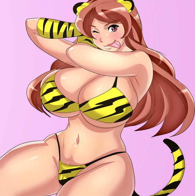 tamanegiya, original, 1girl, :p, animal ears, animal print, bikini, breasts, brown hair, curvy, female focus, huge breasts, long hair, one eye closed, solo, swimsuit, tail, tiger ears, tiger girl, tiger print, tiger tail, tongue, tongue out, wink, yellow bikini