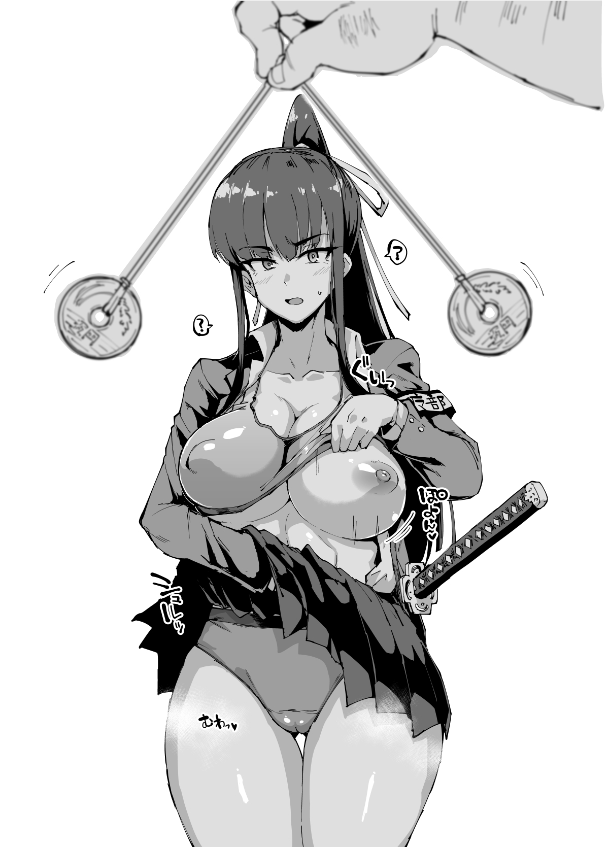 fan no hitori, kusanagi mio, jk taimabu, 1boy, 1girl, ?, afterimage, armband, bare legs, blazer, blush, bra, bra lift, breasts, cameltoe, cleavage, clothes lift, coin, coin on string, collarbone, covered erect nipples, cowboy shot, hair ornament, high ponytail, hypnosis, jacket, katana, legs together, lifting own clothes, long sidelocks, looking at viewer, male hand, mind control, motion lines, nipples, one breast out, open mouth, panties, pendulum, ponytail, sheath, sheathed, shiny nipples, shiny skin, shirt, sidelocks, skindentation, skirt, skirt lift, sound effects, sports bra, steaming body, sweat, sword, thighs, underwear, undressing, weapon, white background