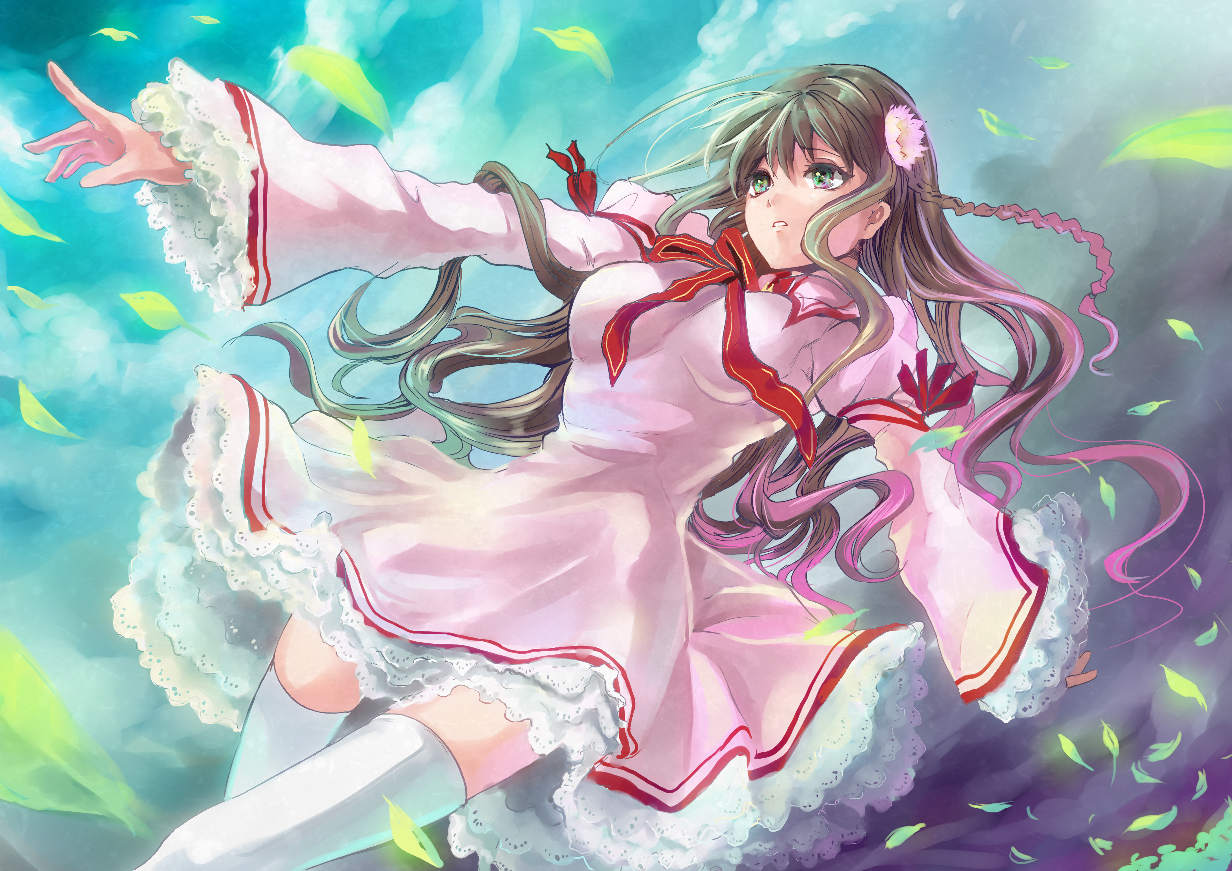 shimaji, kanbe kotori, rewrite, absurdres, bad id, bad pixiv id, highres, 10s, braid, brown hair, dress, flower, green eyes, hair ornament, leaf, solo, thighhighs, white thighhighs