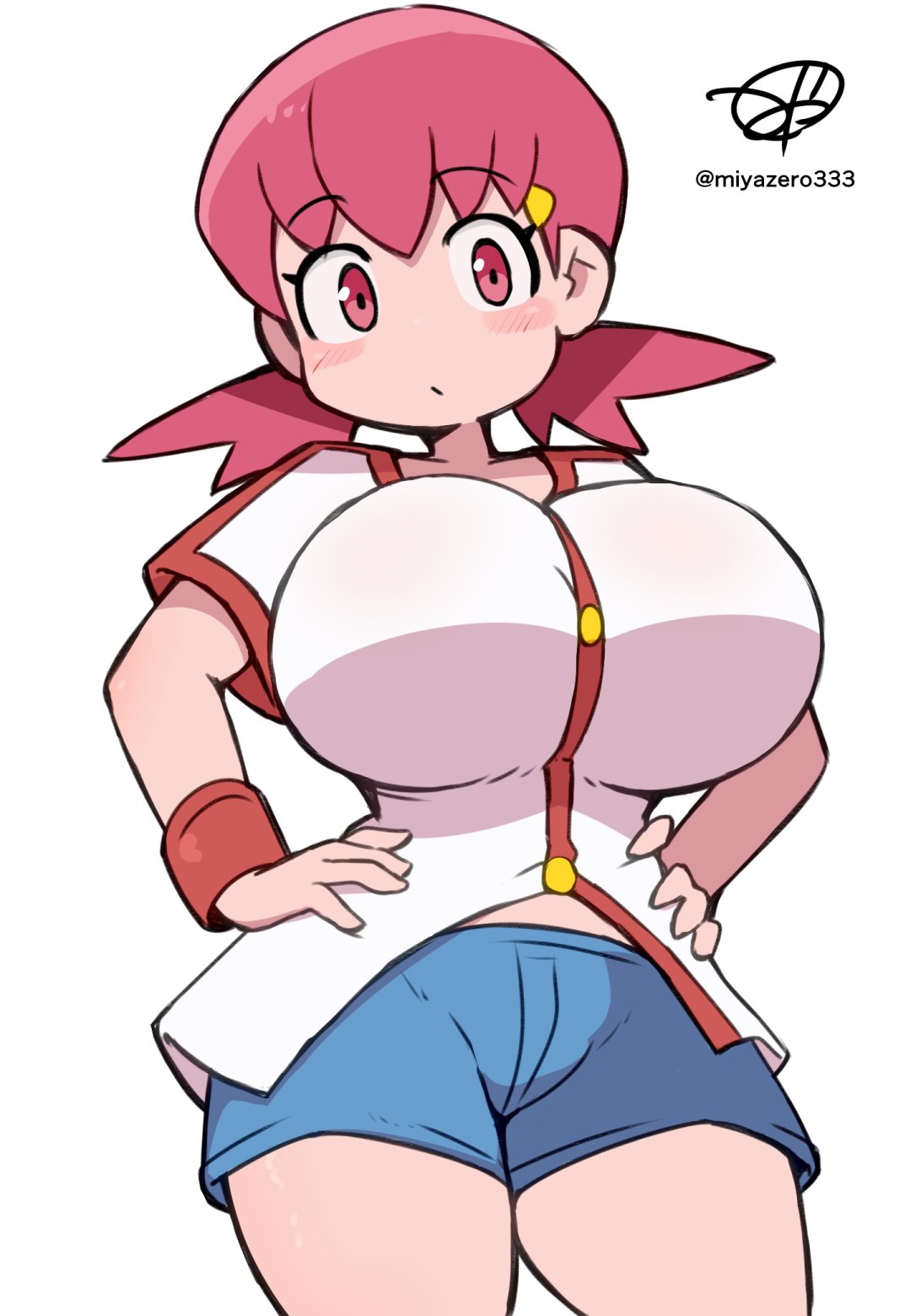 miyazero, whitney (pokemon), nintendo, pokemon, pokemon hgss, highres, 1girl, blue shorts, blush, breasts, cleavage, denim, denim shorts, hair ornament, hairclip, hands on own hips, huge breasts, looking at viewer, low twintails, pink eyes, pink hair, shirt, short hair, short sleeves, shorts, standing, twintails, white background, white shirt, wristband