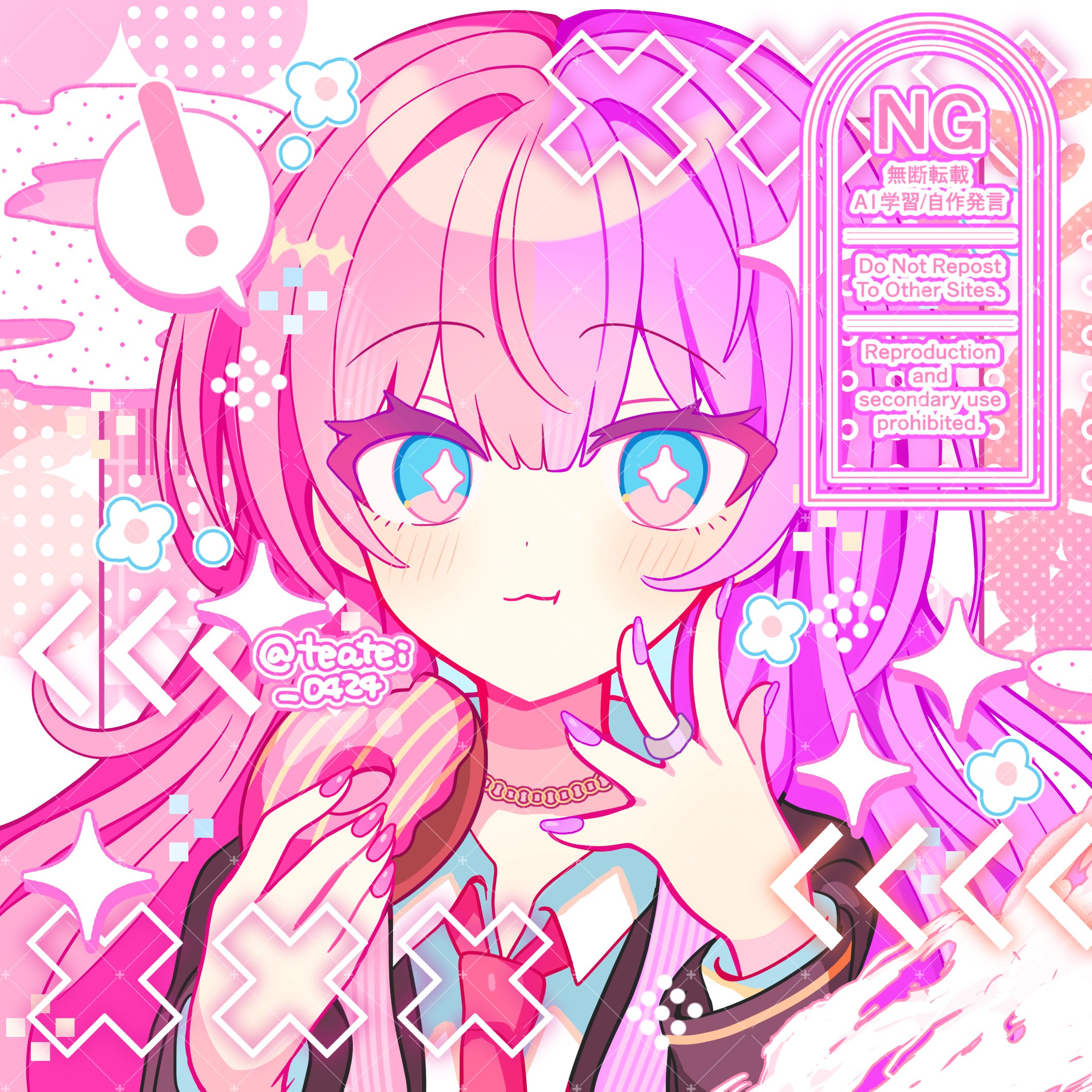 shirocha tei, uchoten vivi, indie virtual youtuber, commentary, commission, highres, skeb commission, !, 1girl, :3, blush, brown jacket, closed mouth, collared shirt, donut, dot nose, food, hands up, holding, holding donut, holding food, jacket, layered sleeves, long sleeves, looking at viewer, multicolored hair, nail polish, necktie, open clothes, open jacket, pink background, pink hair, pink nails, portrait, purple nails, red hair, red necktie, shirt, solo, split-color hair, spoken exclamation mark, twitter username, two-tone hair, virtual youtuber, watermark, white shirt