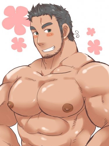 turkey (hetalia), axis powers hetalia, lowres, blush, hair curl, muscular, nipples, smile