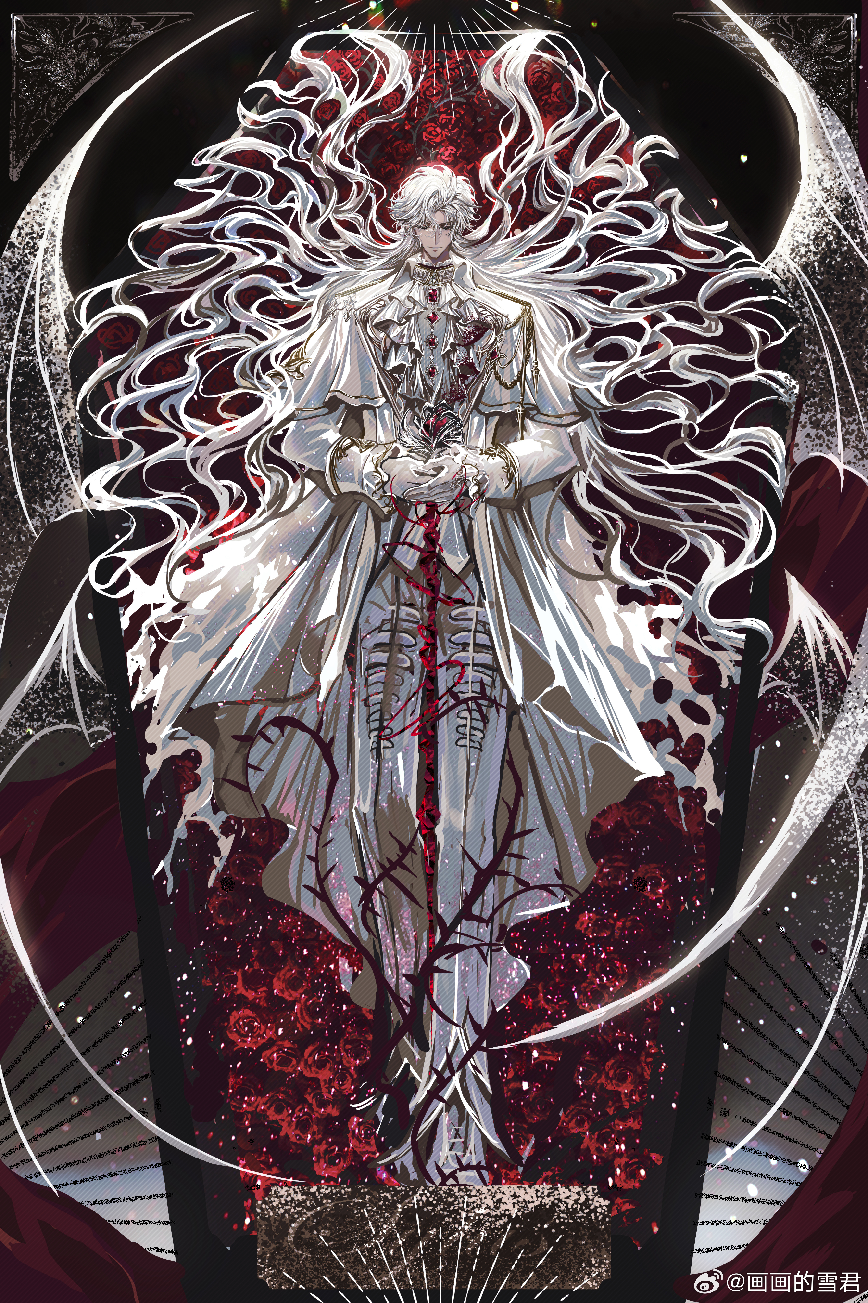 snow234, sylus (love and deepspace), love and deepspace, absurdres, chinese commentary, commentary request, highres, 1boy, aiguillette, ascot, bat wings, black background, buttons, capelet, closed eyes, closed mouth, coat, coffin, collared coat, facing viewer, flower, frilled shirt collar, frilled sleeves, frills, from above, full body, gem, gloves, hair between eyes, hair spread out, holding, holding sword, holding weapon, interlocked fingers, long hair, long sleeves, lying, male focus, multiple wings, on back, open clothes, open coat, own hands together, pants, parted bangs, red flower, red gemstone, red rose, rose, shoes, sleeve cuffs, smile, solo, straight-on, swept bangs, sword, thorns, very long hair, vest, watermark, wavy hair, weapon, weibo watermark, white ascot, white capelet, white coat, white gloves, white hair, white pants, white shoes, white vest, white wings, wings
