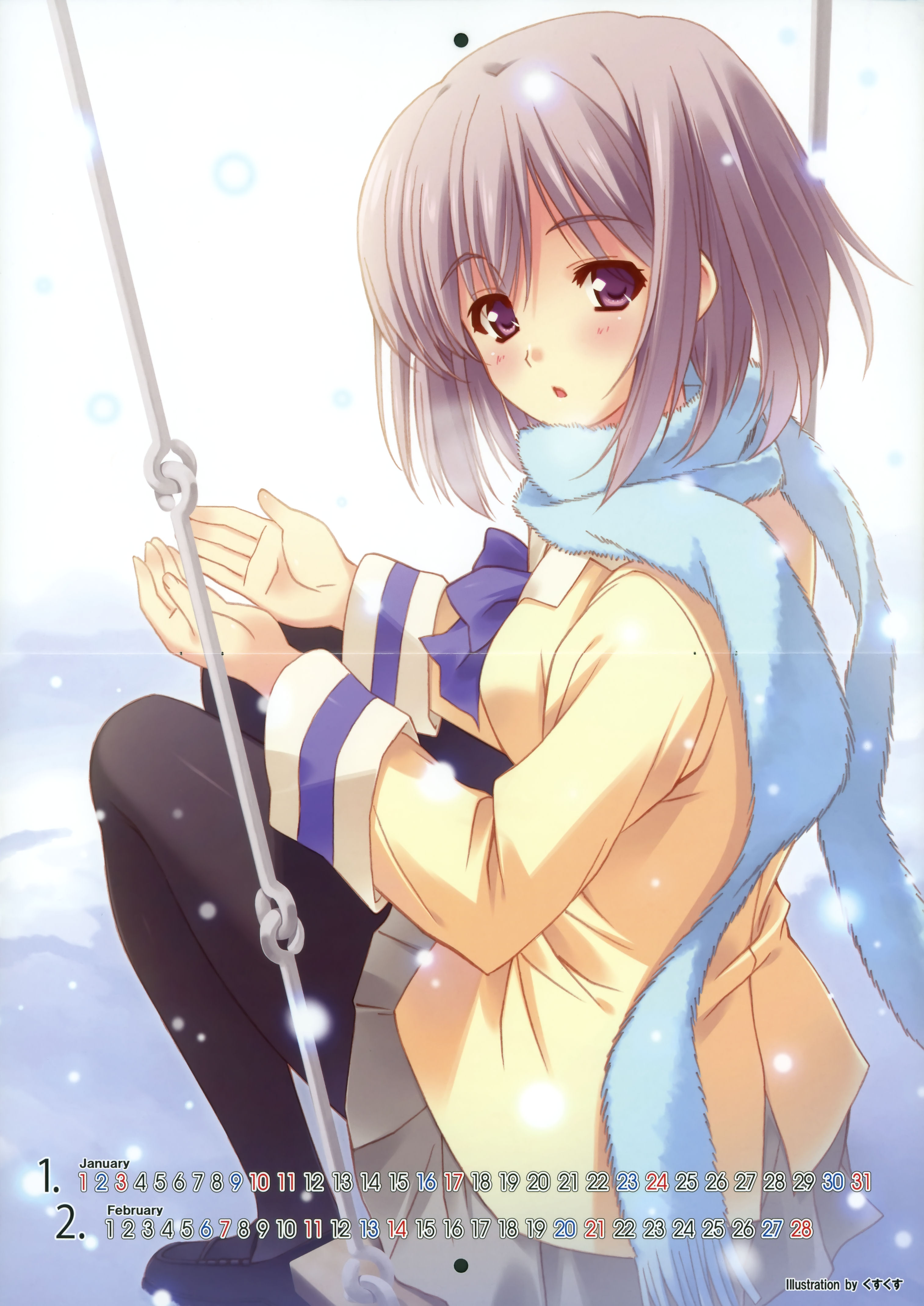 kusukusu, absurdres, highres, scan, 1girl, black pantyhose, blue scarf, blush, calendar, female focus, on swing, pantyhose, purple eyes, purple hair, scarf, school uniform, skirt, snow, solo, swing, thighhighs