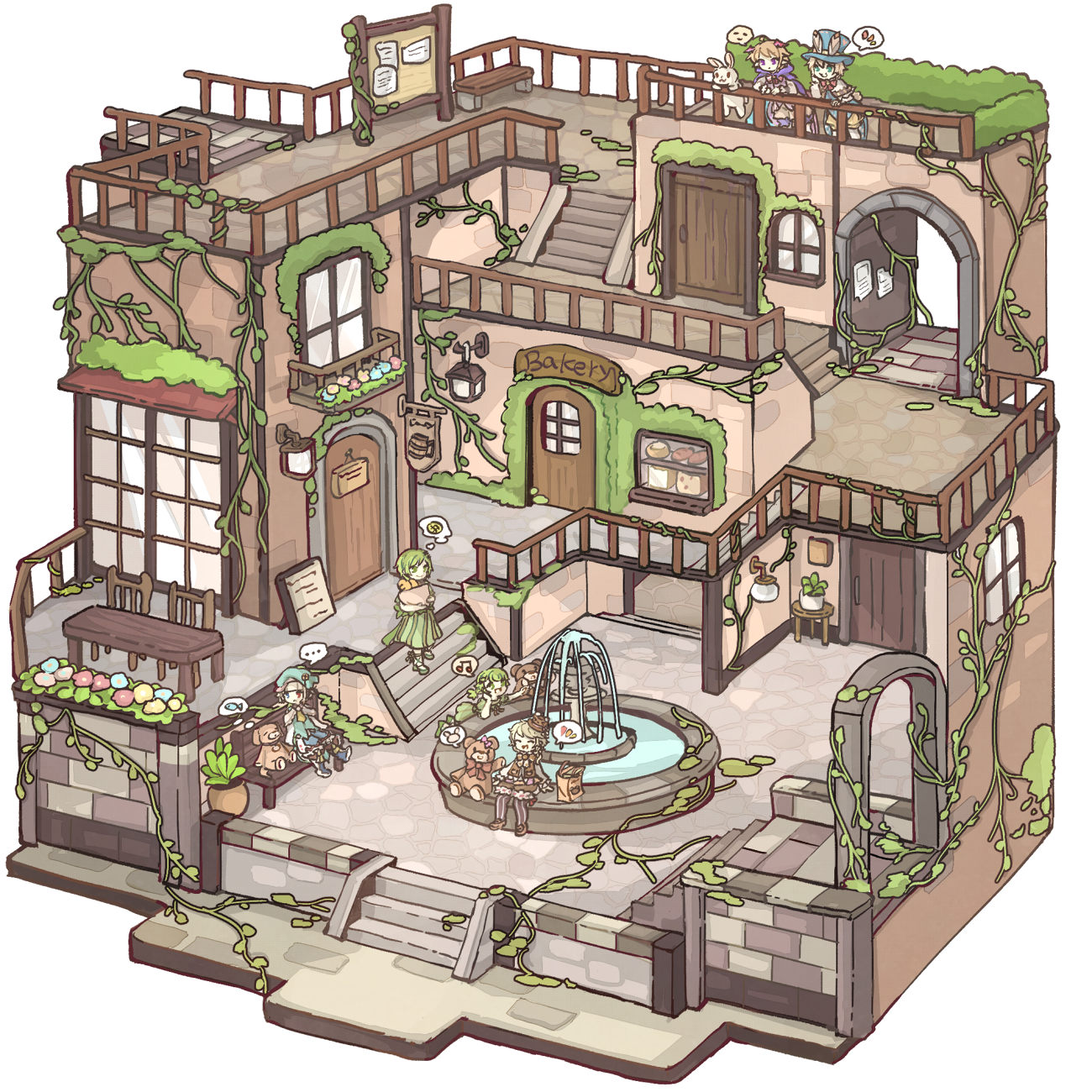 chigu, original, commentary request, highres, 2boys, 4girls, :d, animal, bag, bear, blonde hair, blue eyes, bread, brown shoes, chair, closed eyes, closed mouth, dog, door, dress, fish, floorplan, flower, food, fountain, green dress, green eyes, green hair, heterochromia, long sleeves, multiple boys, multiple girls, open mouth, pantyhose, paper bag, rabbit, red eyes, shoes, short hair, short sleeves, sign, sitting, smile, speech bubble, spoken animal, stairs, standing, striped clothes, striped pantyhose, table, thought bubble, walking, window