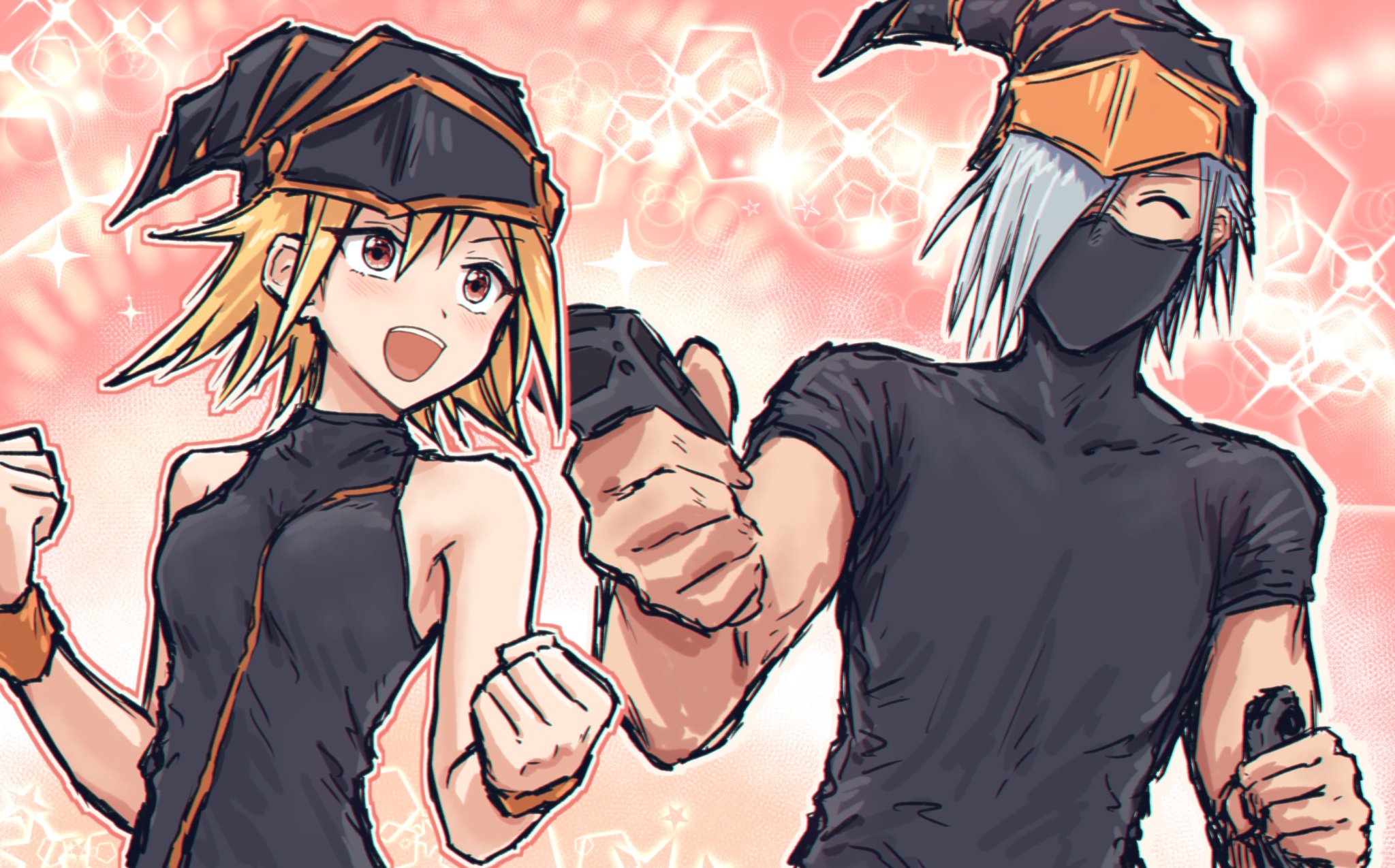 yukitake (bullfalk), character request, commentary request, copyright request, highres, 1boy, 1girl, :d, ^ ^, bare shoulders, black shirt, blonde hair, breasts, closed eyes, controller, game controller, grey hair, hair over one eye, holding, holding controller, holding game controller, joy-con, medium breasts, one eye covered, open mouth, orange eyes, pink background, shirt, short hair, short sleeves, sleeveless, sleeveless shirt, smile, sparkle, teeth, upper body, upper teeth only