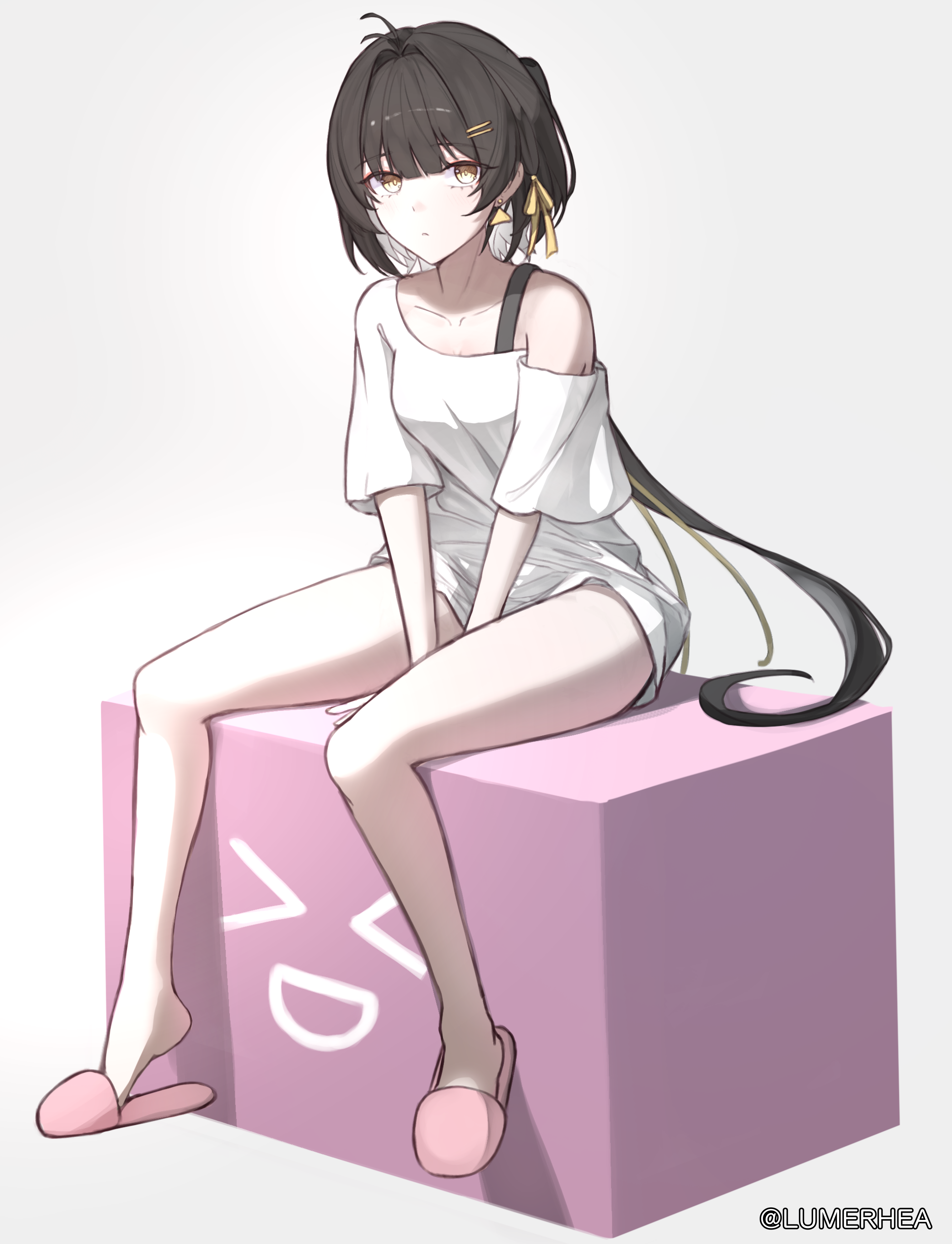 female rover (wuthering waves), rover (wuthering waves), wuthering waves, absurdres, commentary, highres, black hair, breasts, closed mouth, collarbone, earrings, hair intakes, hair ornament, hair ribbon, hairclip, jewelry, long hair, looking at viewer, low ponytail, lumerhea, medium breasts, parallel hairclips, pink slippers, ponytail, ribbon, shirt, single bare foot, single off shoulder, sitting, slippers, thighs, triangle earrings, twitter username, white shirt, yellow eyes, yellow ribbon