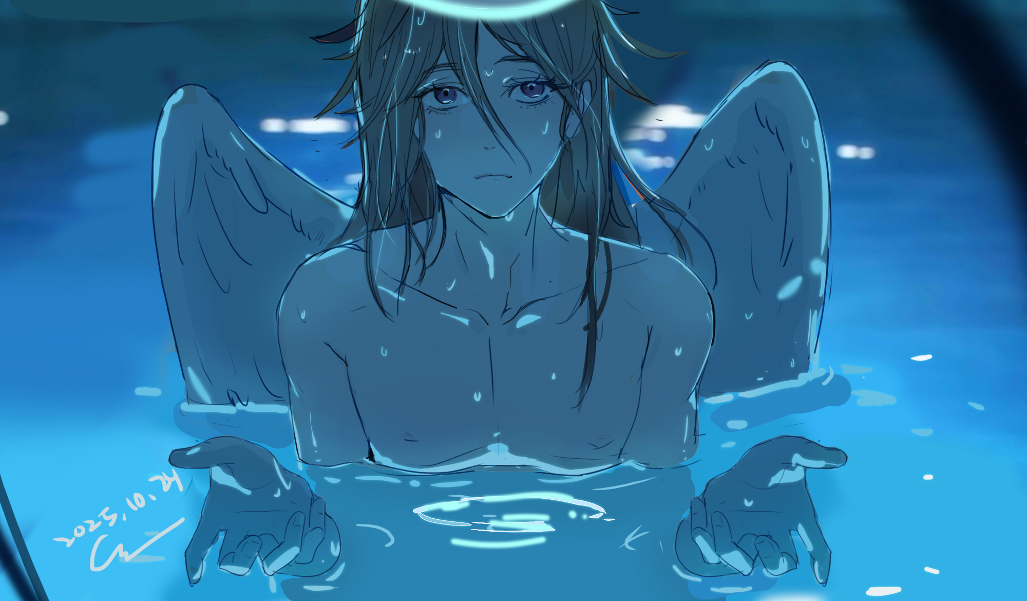 angel devil (chainsaw man), chainsaw man, chinese commentary, commentary request, highres, 1boy, androgynous, angel, angel wings, bare pectorals, beckoning, bishounen, c0417cat, collarbone, dated, feathered wings, glowing, glowing halo, hair between eyes, halo, i'll teach you everything (chainsaw man), implied nudity, in water, long hair, long hair between eyes, looking at viewer, male focus, open hands, partially submerged, pectorals, pool, scene reference, signature, solo, traditional halo, water, wet, wet hair, wet wings, white wings, wings