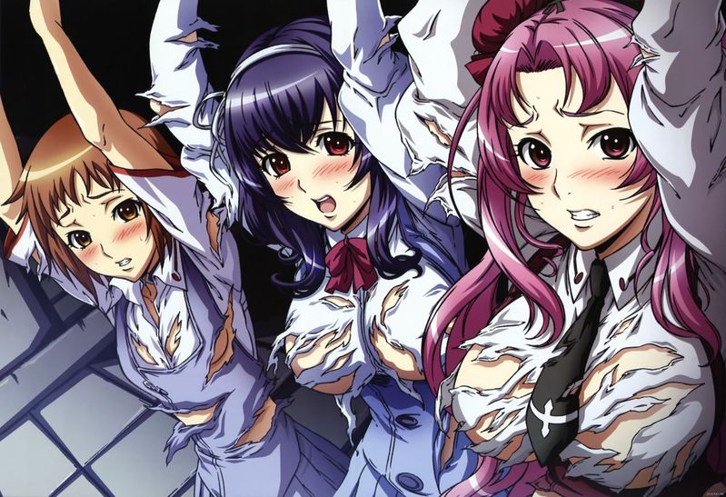 katsuragi hana, tsujidou miyuri, yamanobe tomo, seikon no qwaser, 3girls, blush, breasts, brown hair, censored, convenient censoring, flat chest, large breasts, multiple girls, no bra, open mouth, pink hair, purple hair, torn clothes