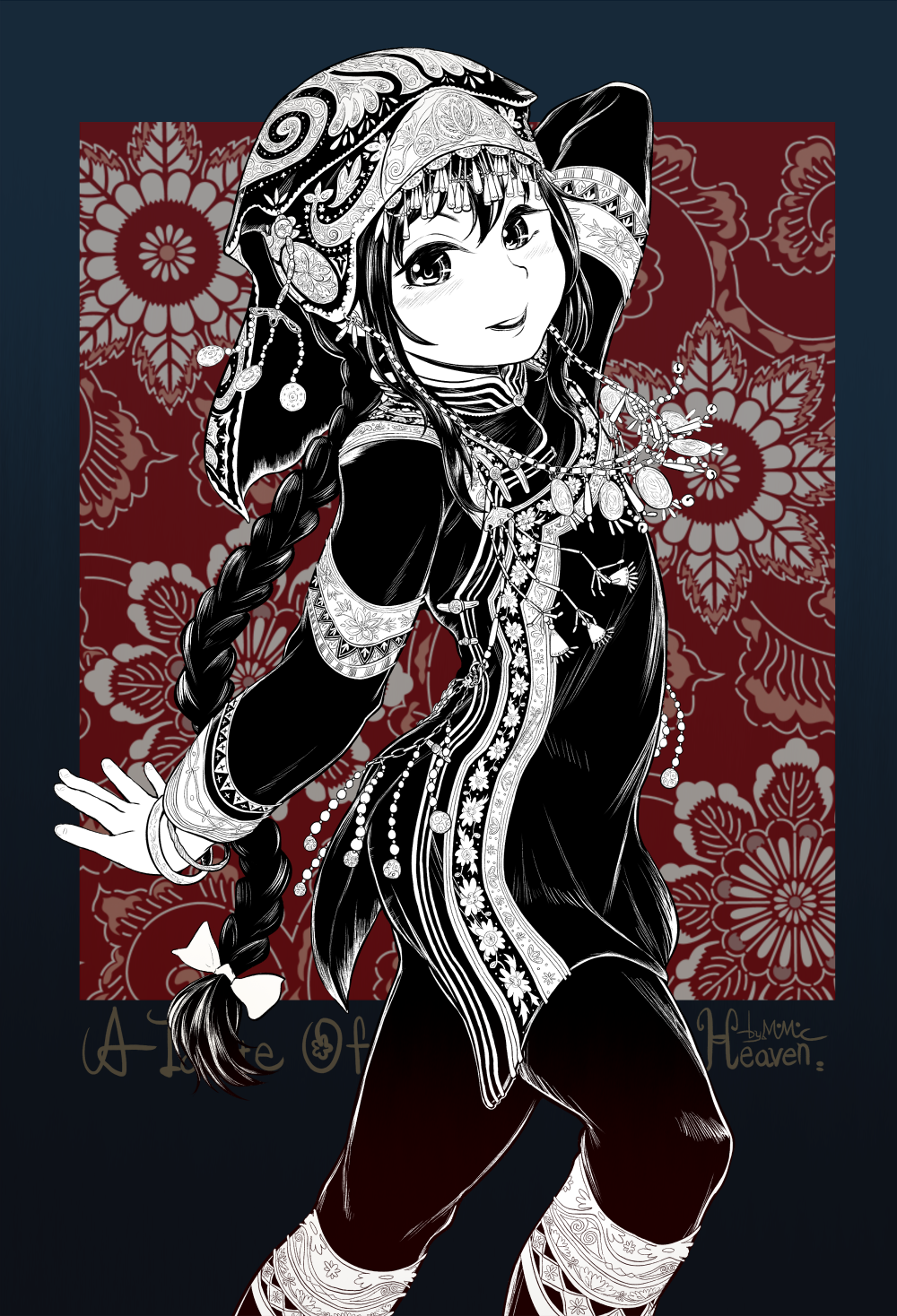 mimit, original, chinese commentary, clothing request, commentary request, highres, 1girl, braid, dress, flat chest, floral print, greyscale with colored background, headscarf, jewelry, long hair, looking at viewer, necklace, smile, solo
