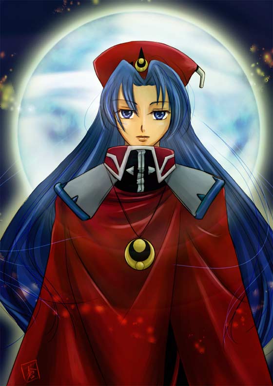 souju, lucia (lunar), game arts, lunar, lunar 2: eternal blue, blue eyes, blue hair, hat, jewelry, long hair, moon, pendant