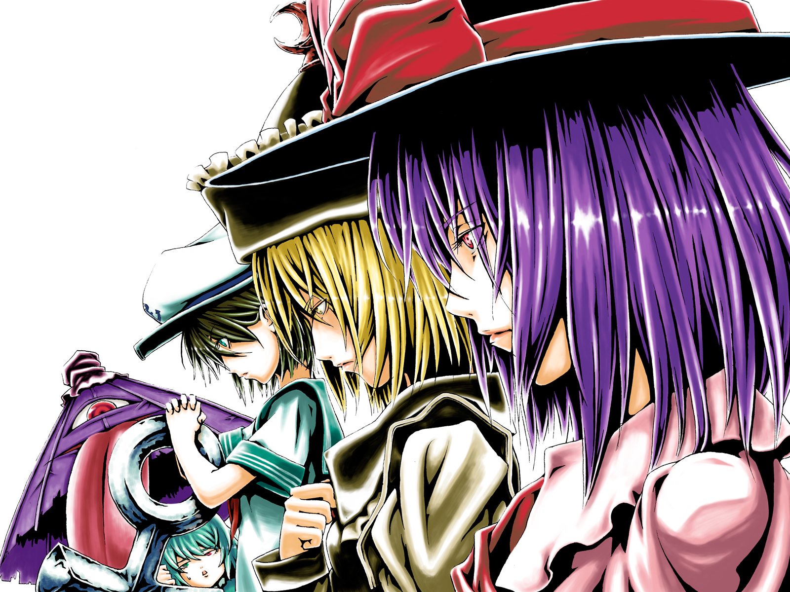 deku-no-bou, lunasa prismriver, murasa minamitsu, nagae iku, tatara kogasa, touhou, bad id, bad pixiv id, highres, 4girls, anchor, aqua eyes, aqua hair, blonde hair, brown hair, female focus, green eyes, hat, hat ribbon, heterochromia, karakasa obake, multiple girls, purple hair, red eyes, ribbon, sailor, sailor hat, short hair, simple background, tongue, umbrella, upper body, white background, yellow eyes