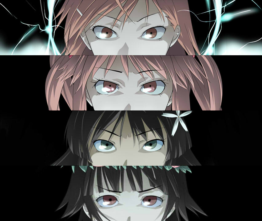 zion, misaka mikoto, saten ruiko, shirai kuroko, uiharu kazari, atlus, persona, toaru kagaku no railgun, toaru majutsu no index, 4girls, black hair, brown hair, column lineup, electricity, electrokinesis, hair ornament, lightning, multiple girls, parody, persona eyes