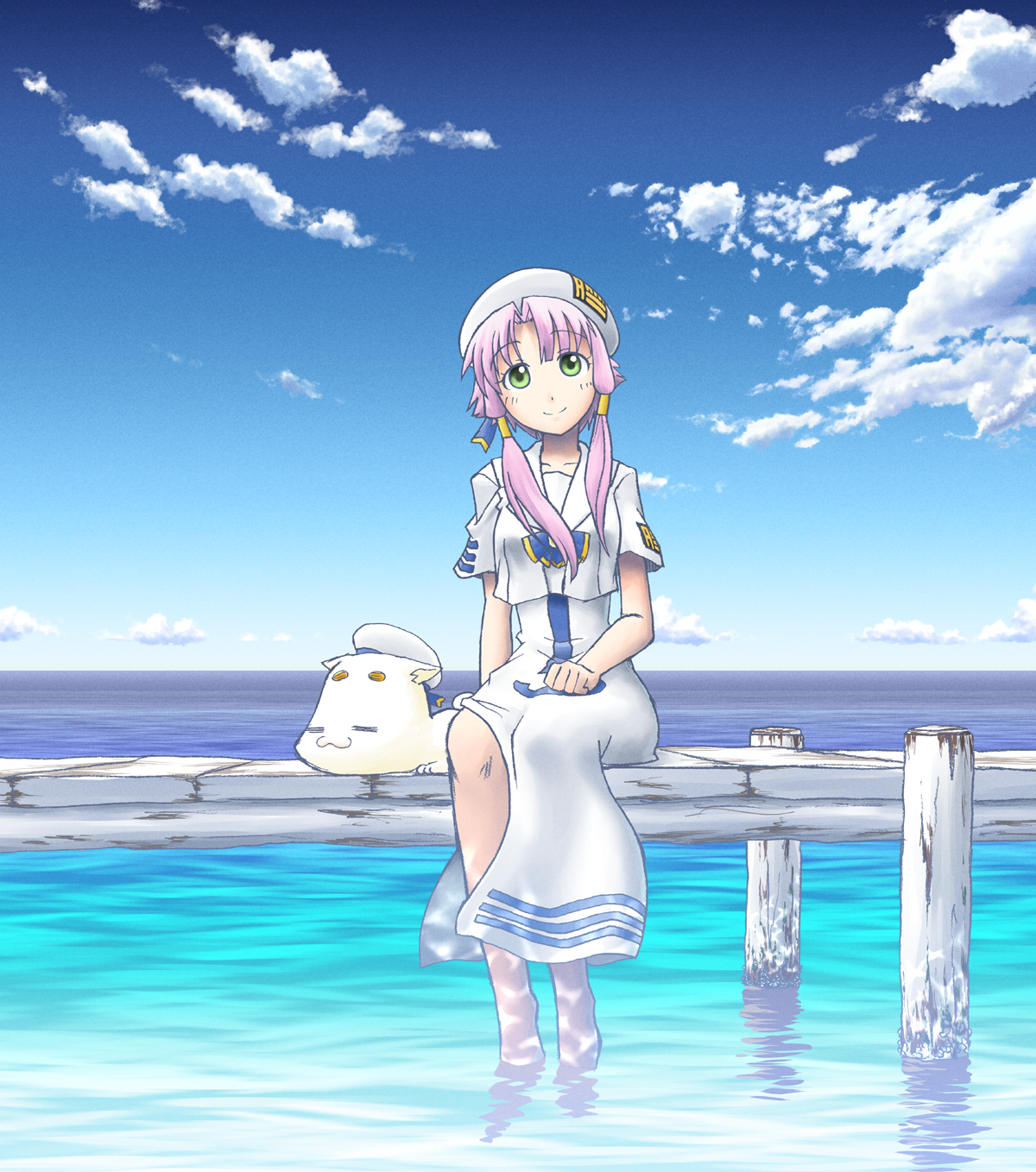 fumotono mikoto, aria pokoteng, mizunashi akari, aria (manga), highres, 00s, 1girl, blouse, cat, cloud, day, female focus, green eyes, pier, pink hair, shirt, short hair with long locks, sky, smile, solo, water, white shirt