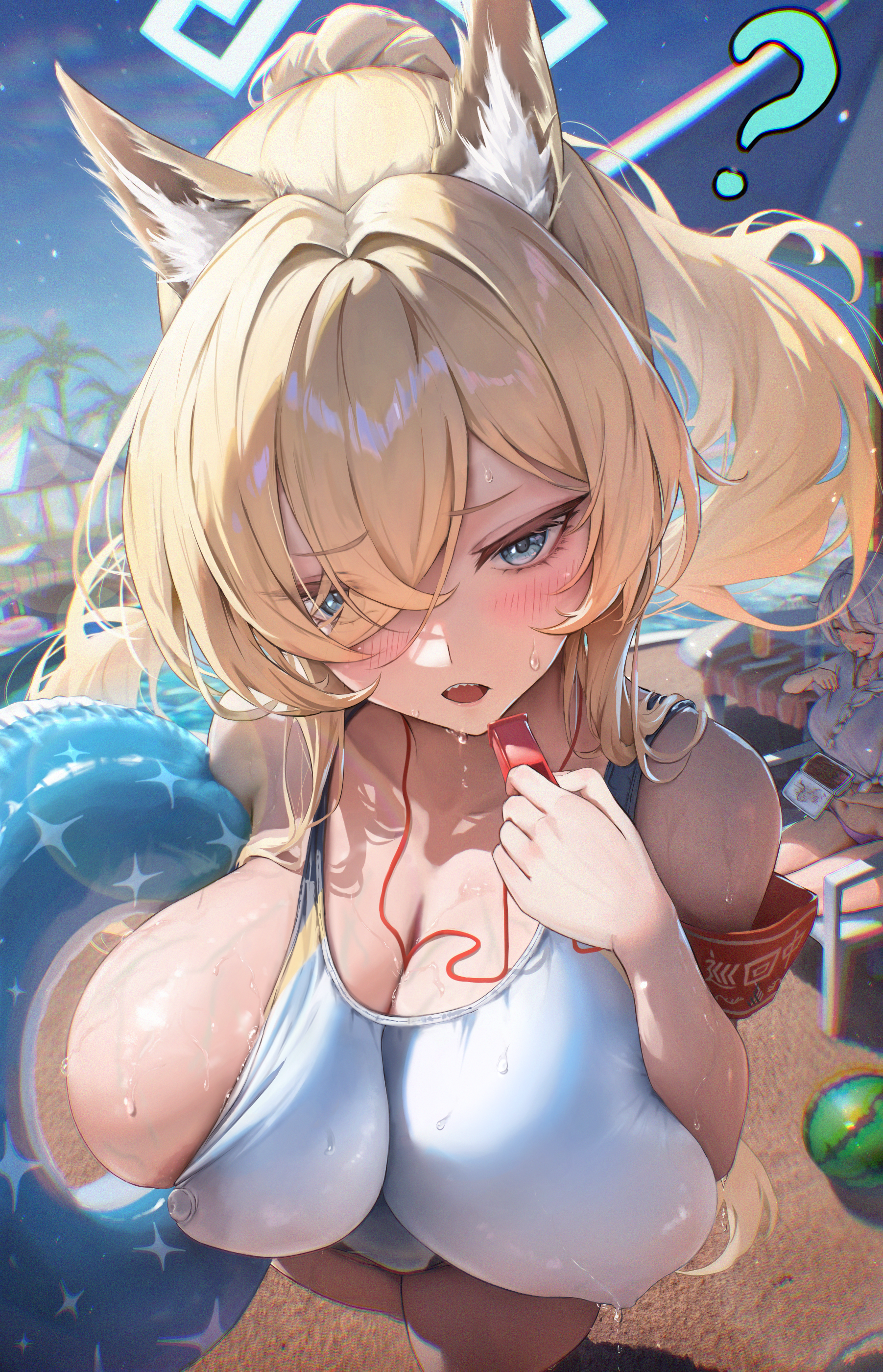 renshuunomi, kanna (blue archive), kanna (swimsuit) (blue archive), kirino (blue archive), kirino (swimsuit) (blue archive), blue archive, absurdres, commentary request, highres, 2girls, ?, ^ ^, animal ear fluff, animal ears, areola slip, armband, ball, beachball, bikini, blue eyes, blue halo, blush, breasts, cleavage, closed eyes, competition swimsuit, covered erect nipples, crossed bangs, dog ears, extra ears, foreshortening, hair intakes, hair over one eye, halo, highleg, highleg one-piece swimsuit, holding, holding swim ring, holding whistle, huge breasts, impossible clothes, impossible swimsuit, innertube, large breasts, long hair, looking at viewer, multiple girls, notched ear, official alternate costume, one-piece swimsuit, open mouth, palm tree, ponytail, purple bikini, red armband, sharp teeth, shirt, solo focus, standing, swim ring, swimsuit, teeth, tree, very long hair, wardrobe malfunction, watermelon beachball, wet, whistle, whistle around neck, white hair, white one-piece swimsuit, white shirt