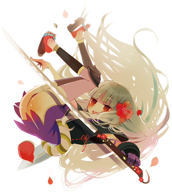 shirako mugi, togame, katanagatari, falling, flower, gloves, hair flower, hair ornament, katana, long hair, petals, red eyes, sandals, solo, sword, thighhighs, toeless legwear, weapon, white hair