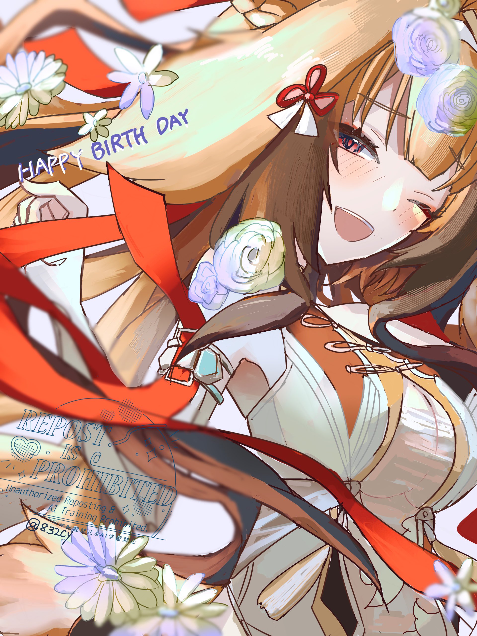 ye shunguang, zenless zone zero, absurdres, commentary request, highres, 1girl, 832cy, animal ear fluff, animal ears, armlet, blush, breasts, brown hair, brown tail, china dress, chinese clothes, clover, clover hair ornament, dress, droopy ears, flower, hair flower, hair ornament, hairband, hand up, happy birthday, jewelry, long hair, looking at viewer, medium breasts, one eye closed, open mouth, purple flower, red eyes, silver armlet, solo, tail, upper body, very long hair, white dress, white hairband