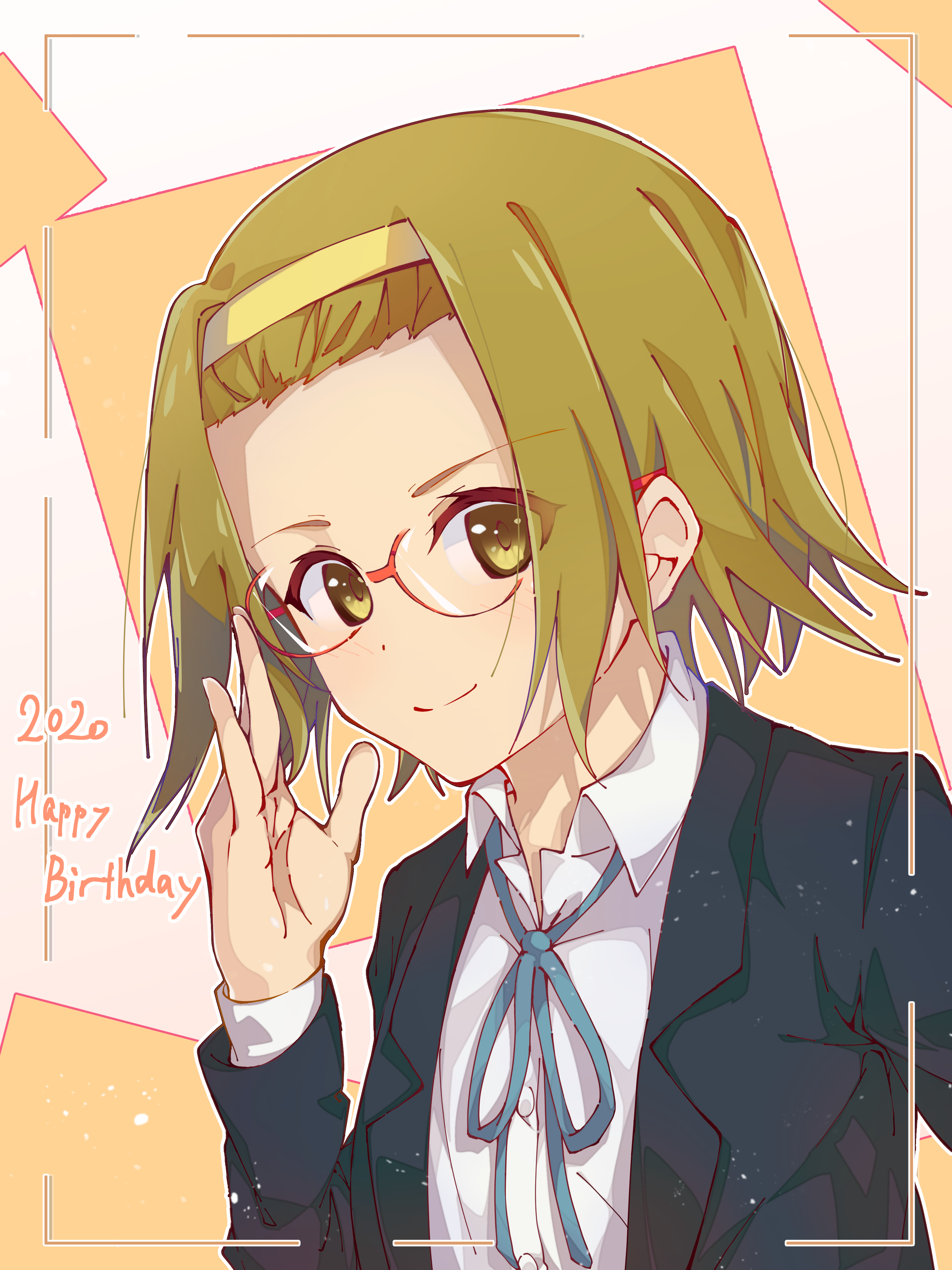 pizza (pizzania company), tainaka ritsu, k-on!, absurdres, commentary request, highres, 1girl, 2020, adjusting eyewear, bespectacled, black jacket, blonde hair, blue ribbon, collared shirt, forehead, glasses, hairband, happy birthday, jacket, layered sleeves, neck ribbon, open clothes, open jacket, red-framed eyewear, ribbon, sakuragaoka high school uniform, school uniform, shirt, short hair, simple background, smile, upper body, white shirt, winter uniform, yellow eyes, yellow hairband