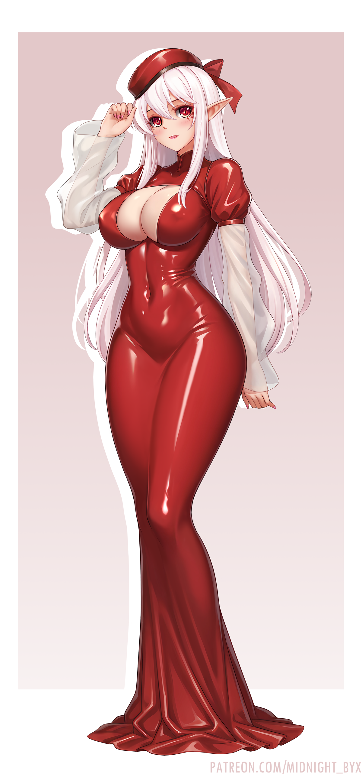 midnight (banyex), kyara akaro, original, absurdres, commentary, english commentary, highres, 1girl, beret, breasts, covered navel, dress, evening gown, eye tattoo, facial tattoo, full body, hat, large breasts, latex, latex dress, long dress, long hair, long sleeves, looking at viewer, mermaid dress, patreon username, pointy ears, puffy long sleeves, puffy sleeves, red eyes, red hat, red tattoo, see-through clothes, see-through sleeves, shiny clothes, skin tight, smile, solo, standing, tattoo, taut clothes, taut dress, tight clothes, tight dress, watermark, web address, white hair