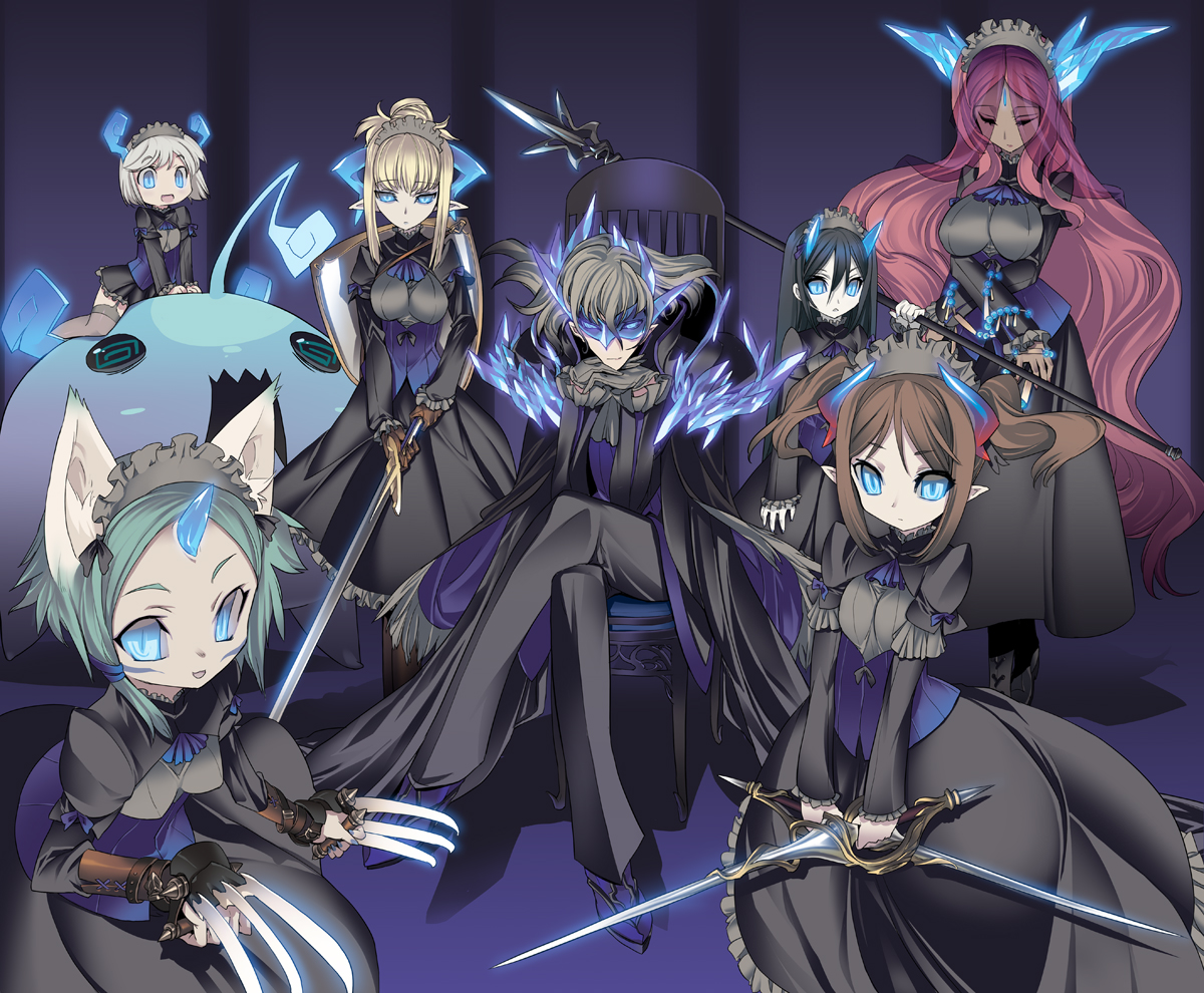 blade (galaxist), original, bad id, bad pixiv id, 1boy, 6+girls, animal ears, black hair, blonde hair, blue eyes, brown hair, cat ears, chair, claws, dual wielding, facial mark, formal clothes, gloves, glowing, glowing eyes, green hair, holding, long hair, multiple girls, pointy ears, polearm, red hair, short hair, straddling, sword, weapon, white hair