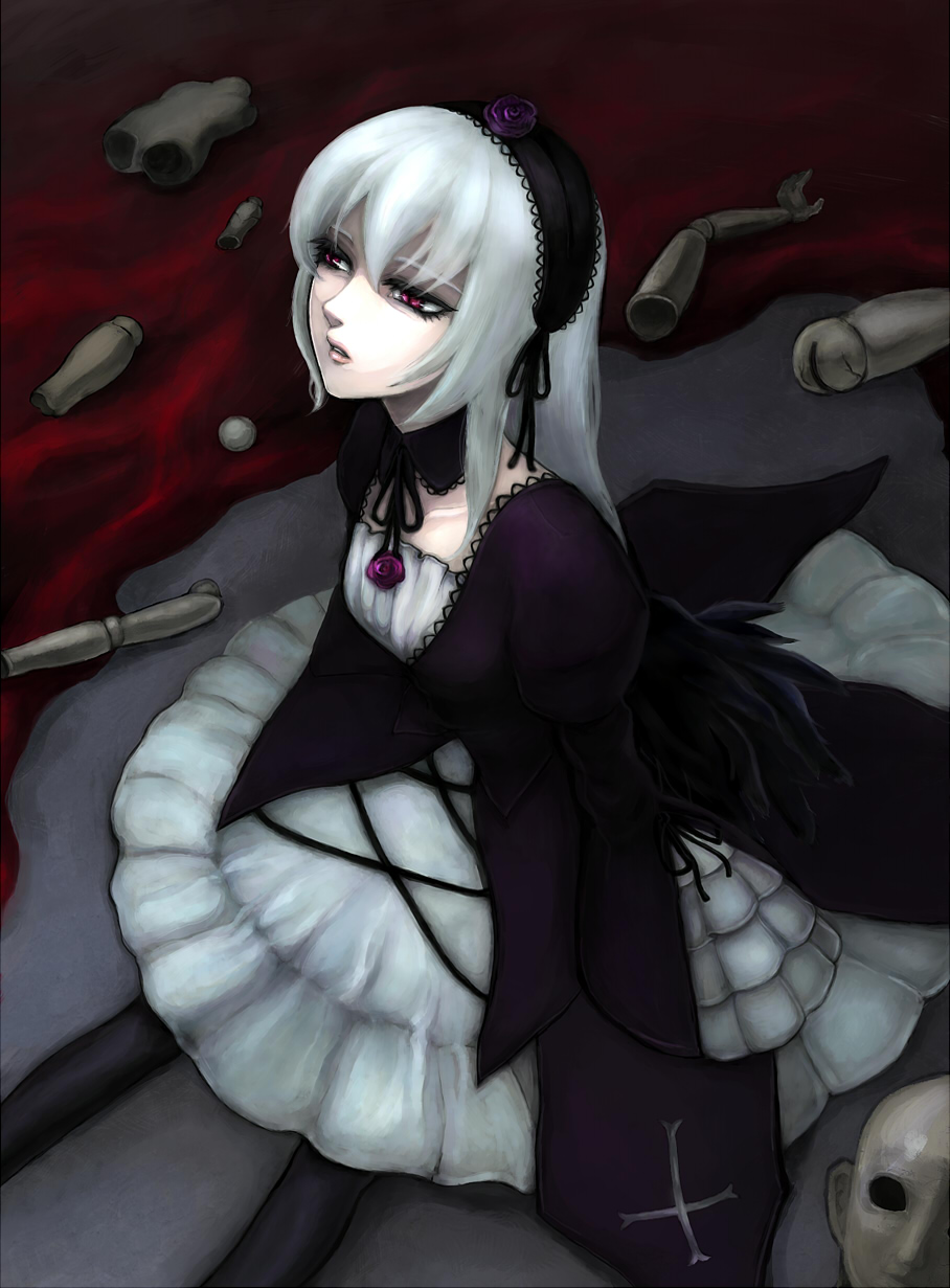 tsukuru (seki sabato), suigintou, rozen maiden, silver hair, bad id, bad pixiv id, highres, 00s, 1girl, dress, female focus, frills, hairband, long hair, purple eyes, ribbon, sitting, solo, wings