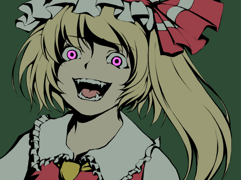 misopanne, flandre scarlet, embodiment of scarlet devil, touhou, 1girl, blonde hair, fangs, female focus, green theme, hat, hat ribbon, laughing, mob cap, open mouth, pink eyes, ribbon, short hair, side ponytail, simple background, solo, teeth, white hat