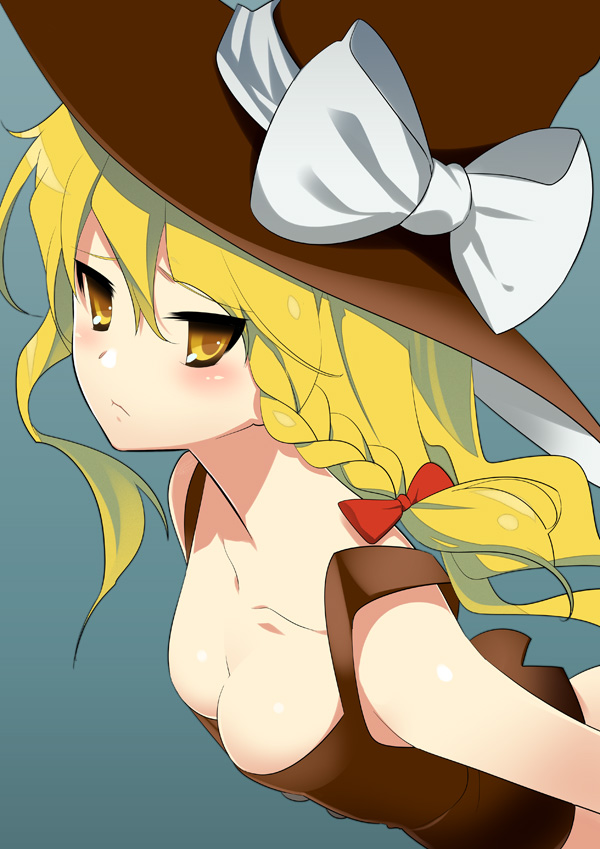 zpolice, kirisame marisa, touhou, 1girl, bare shoulders, blonde hair, braid, breasts, cleavage, collarbone, downblouse, female focus, hat, long hair, ribbon, solo, witch, witch hat, yellow eyes